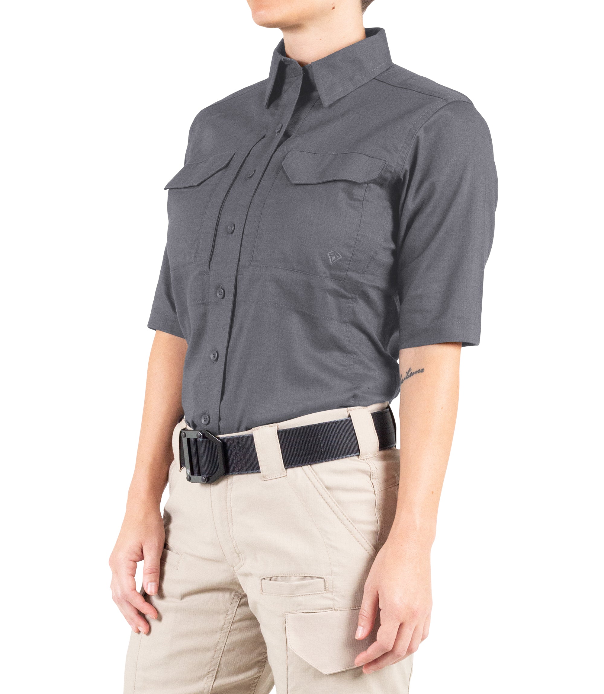 Side of Women's V2 Tactical Short Sleeve Shirt in Wolf Grey |color_wolf grey