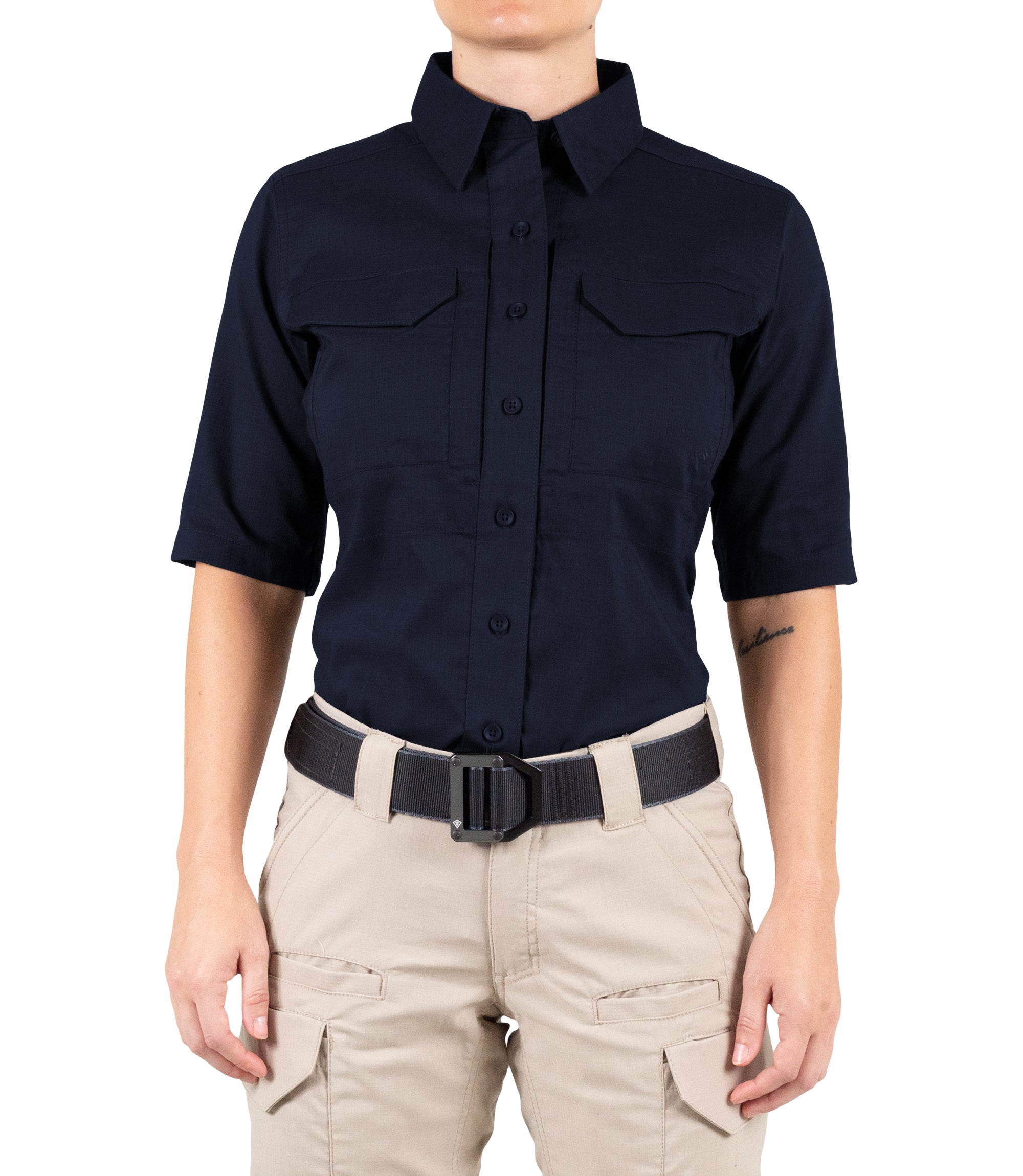Front of Women's V2 Tactical Short Sleeve Shirt in Midnight Navy |color_midnight navy