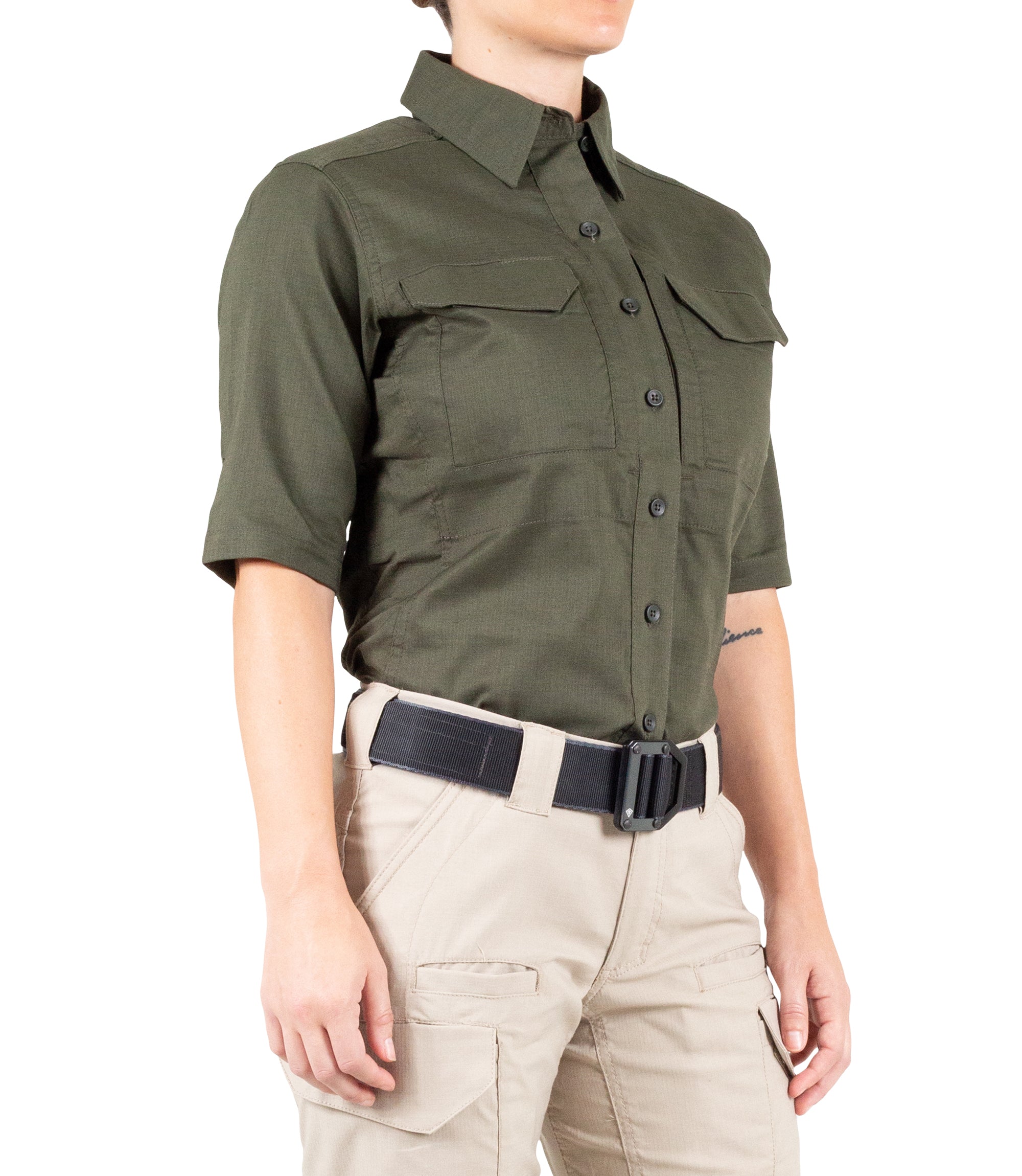 Side of Women's V2 Tactical Short Sleeve Shirt in OD Green |color_od green