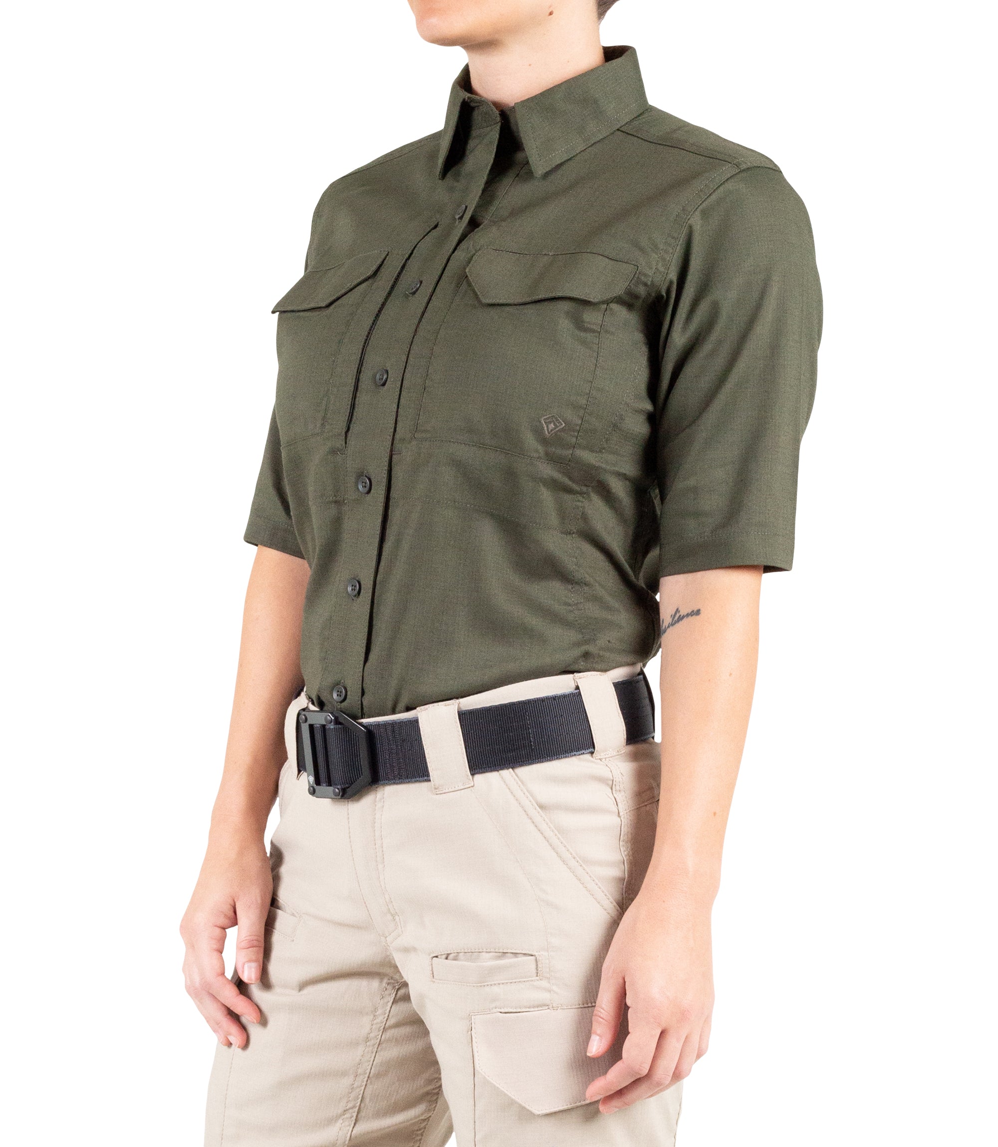 Side of Women's V2 Tactical Short Sleeve Shirt in OD Green |color_od green