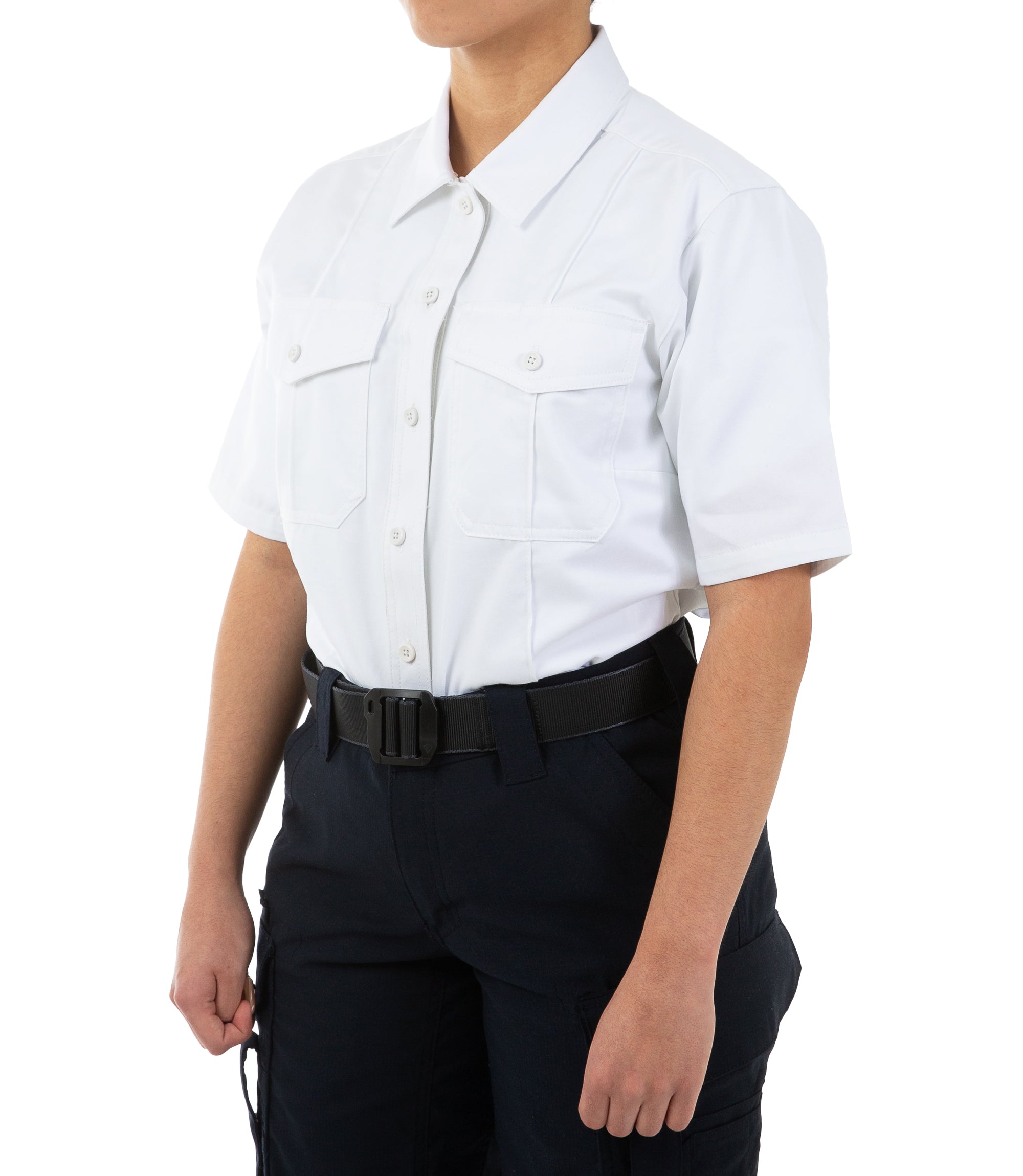 Side of Women's Cotton Station Short Sleeve Shirt in White |color_white