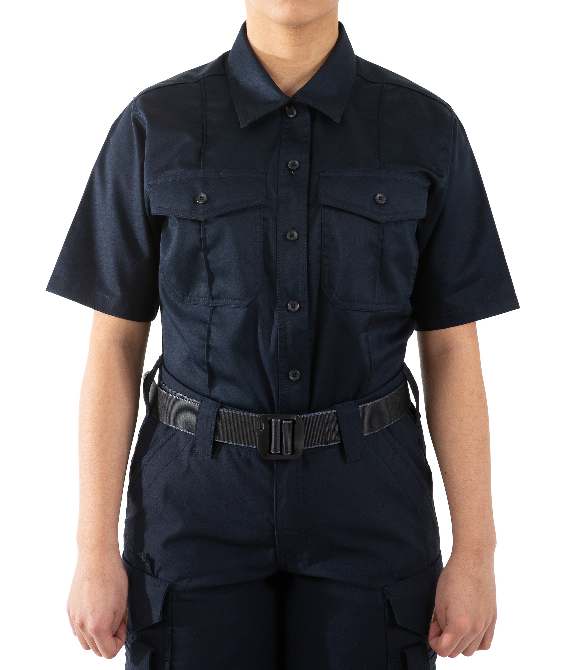 Front of Women's Cotton Station Short Sleeve Shirt in Midnight Navy |color_midnight navy