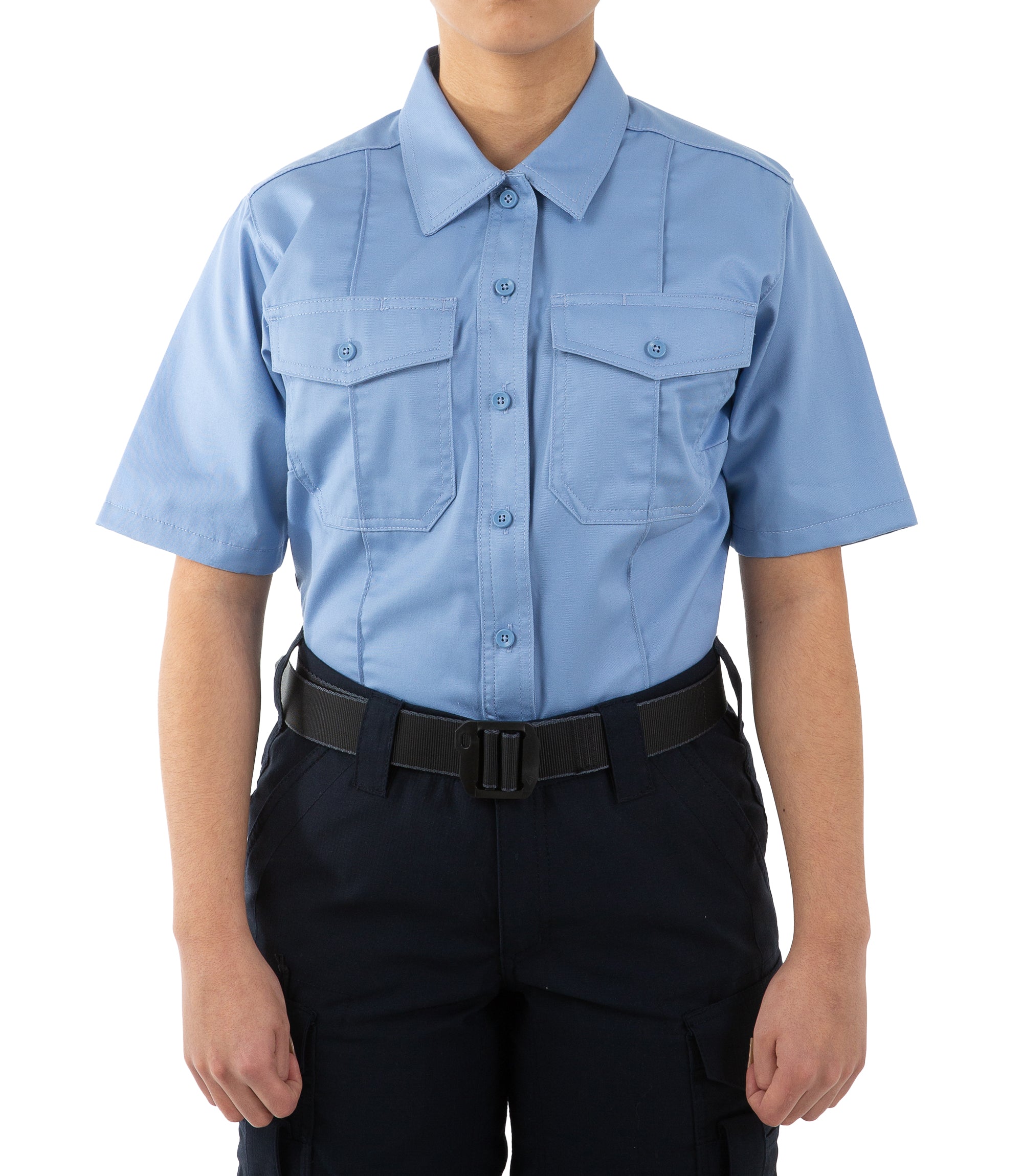 Front of Women's Cotton Station Short Sleeve Shirt in Medium Blue |color_medium blue