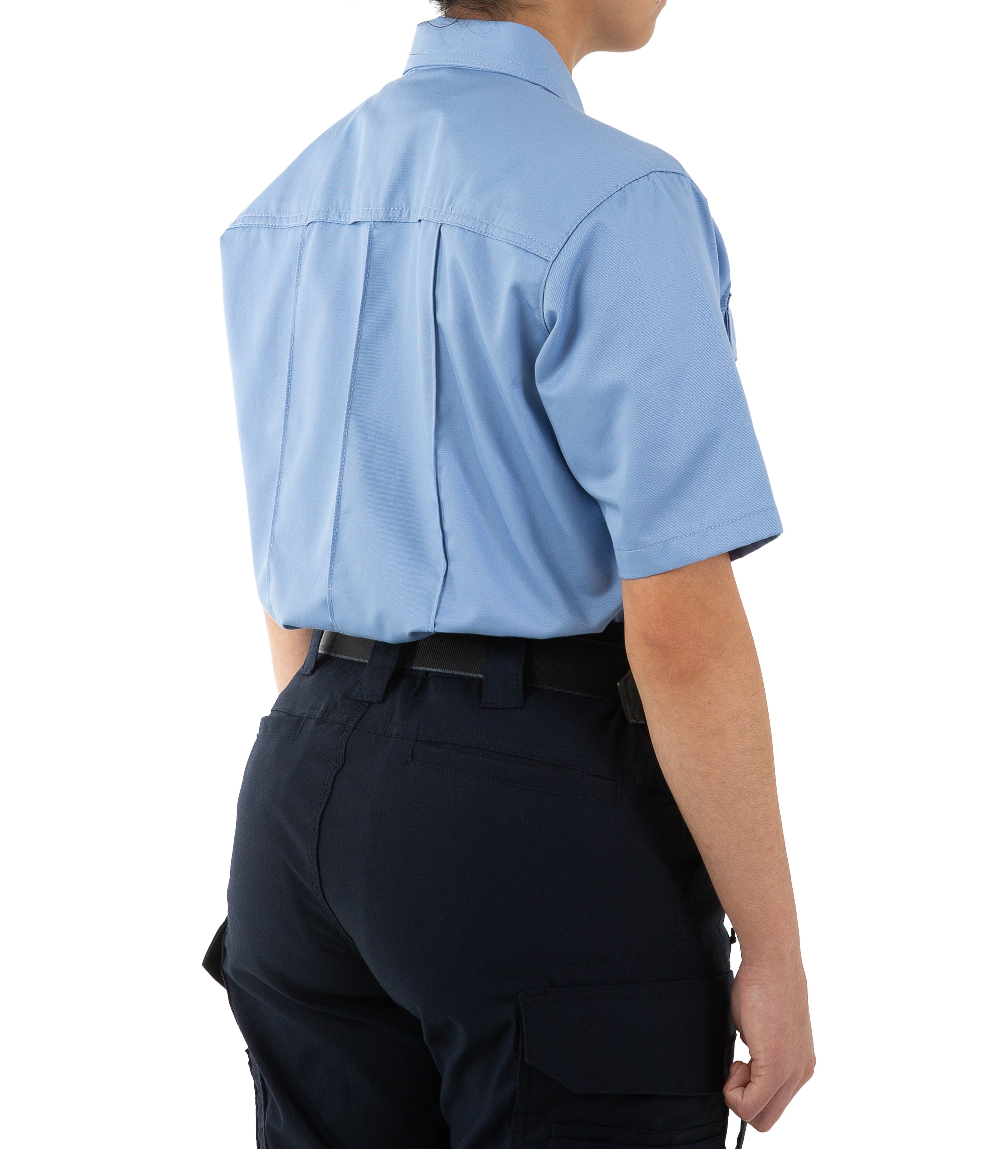 Side of Women's Cotton Station Short Sleeve Shirt in Medium Blue |color_medium blue