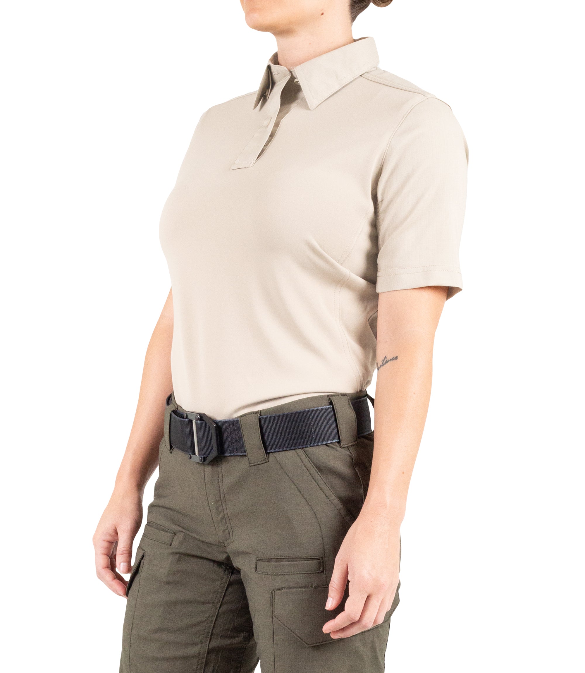 Side of Women's V2 Pro Performance Short Sleeve Shirt in Khaki |color_khaki