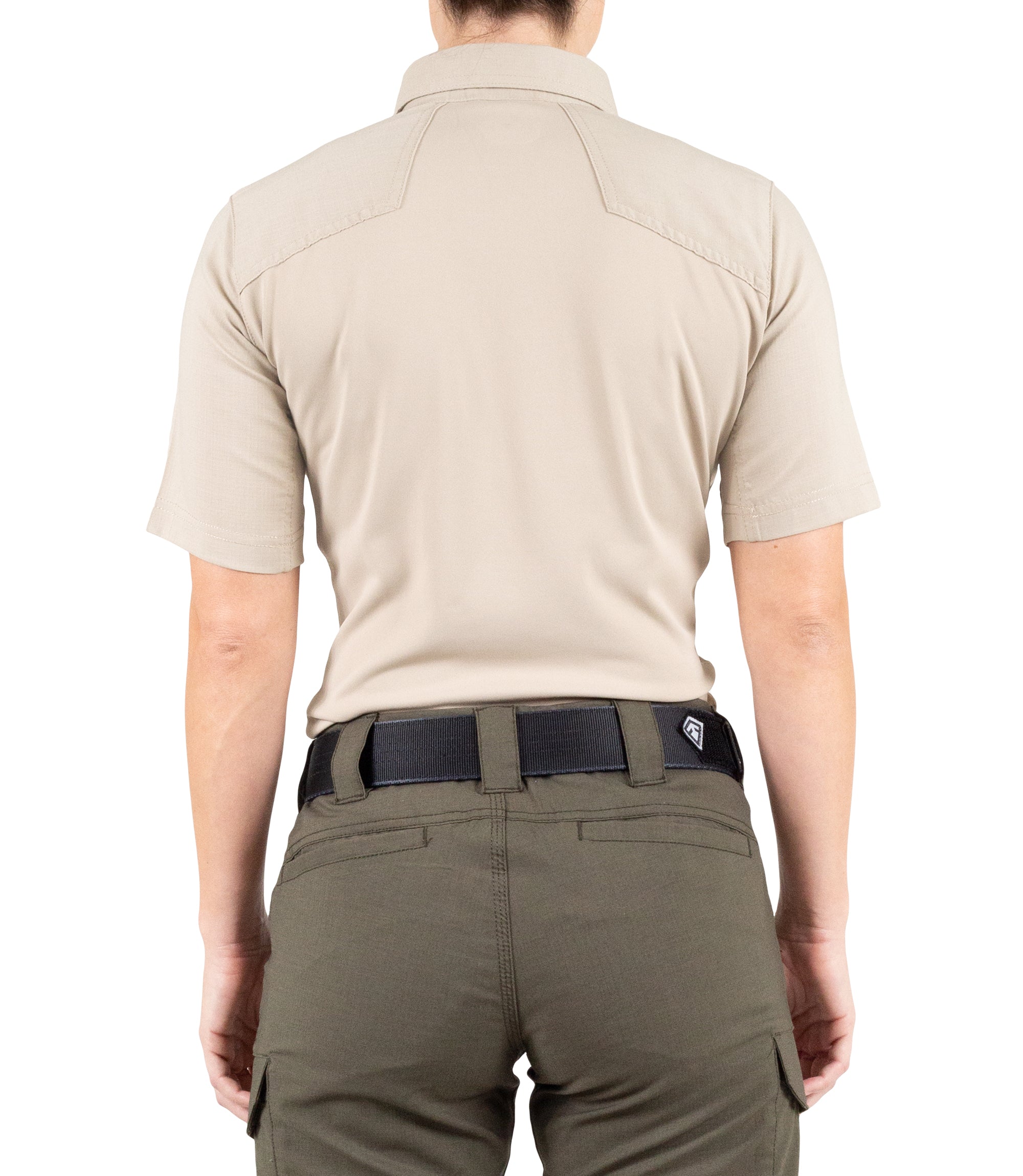 Back of Women's V2 Pro Performance Short Sleeve Shirt in Khaki |color_khaki