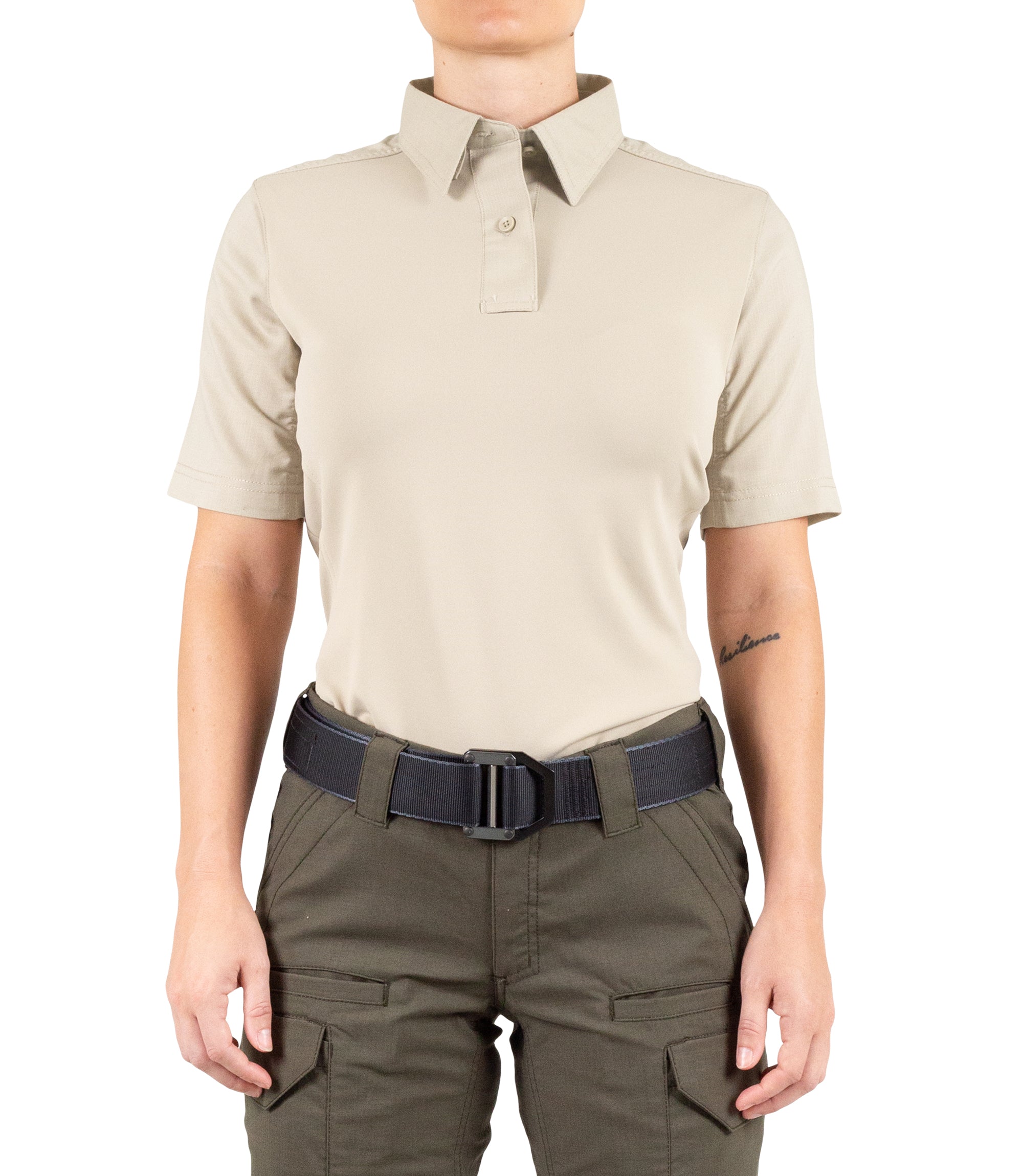 Front of Women's V2 Pro Performance Short Sleeve Shirt in Silver Tan |color_silver tan