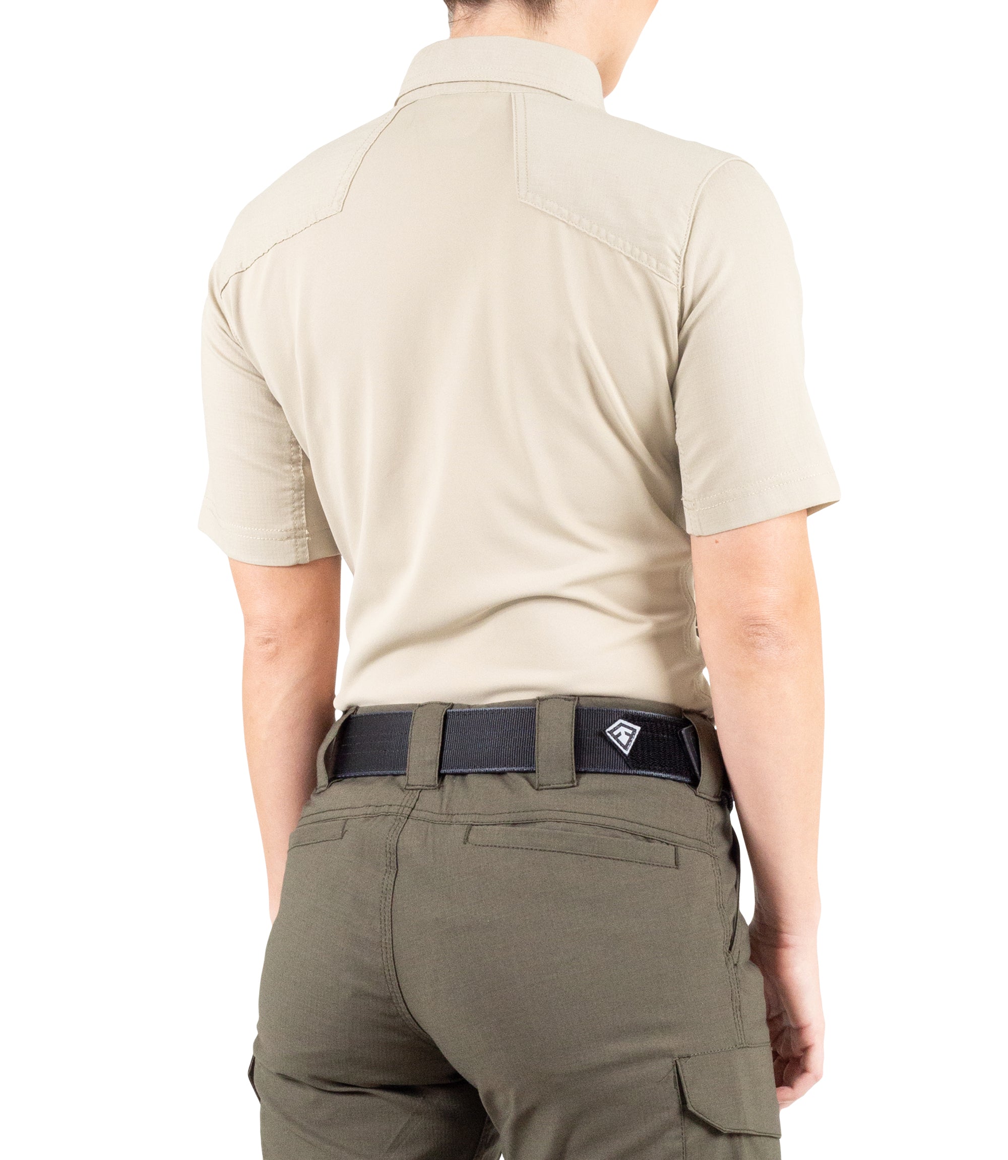 Side of Women's V2 Pro Performance Short Sleeve Shirt in Silver Tan |color_silver tan