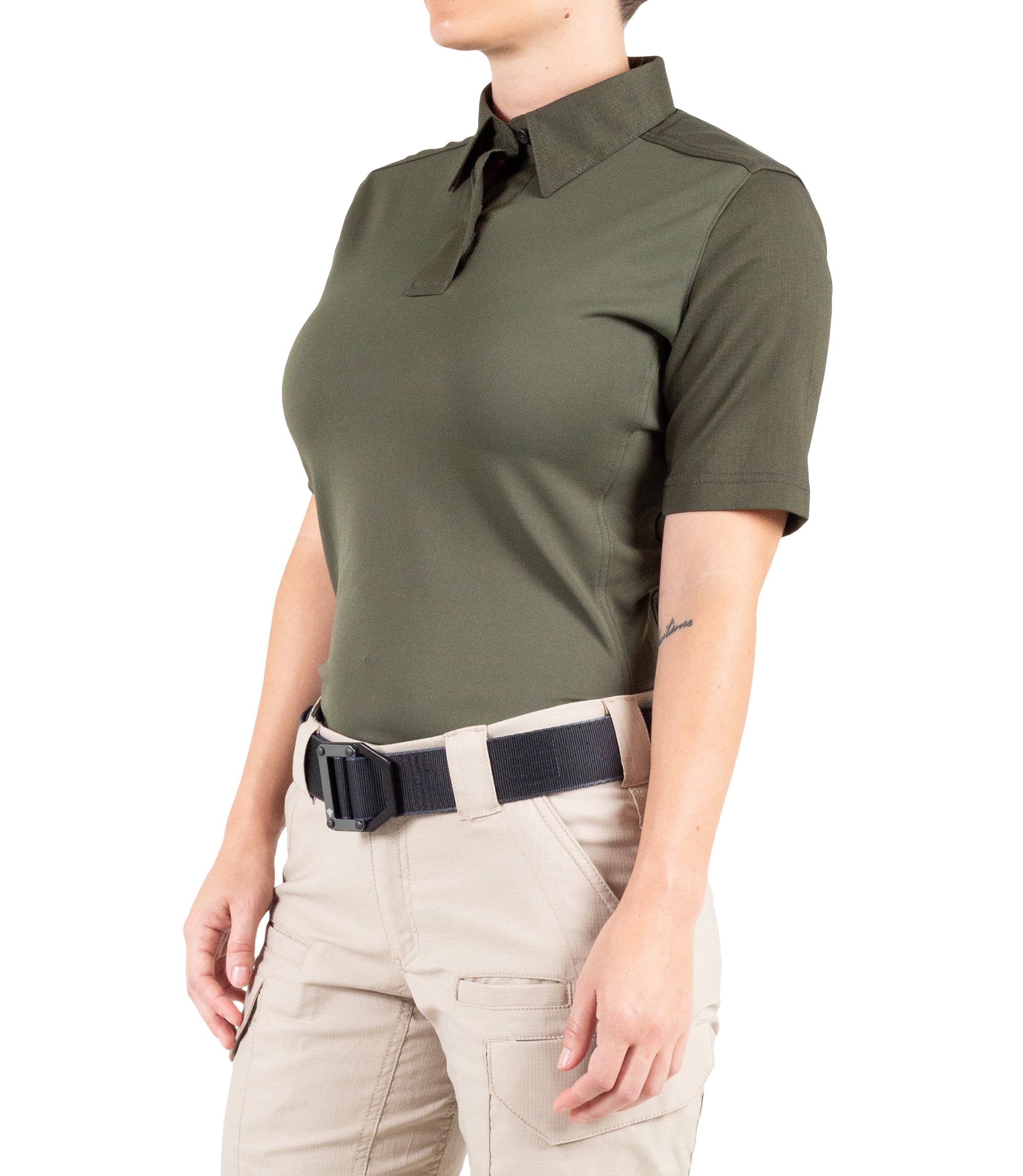 Side of Women's V2 Pro Performance Short Sleeve Shirt in OD Green |color_od green