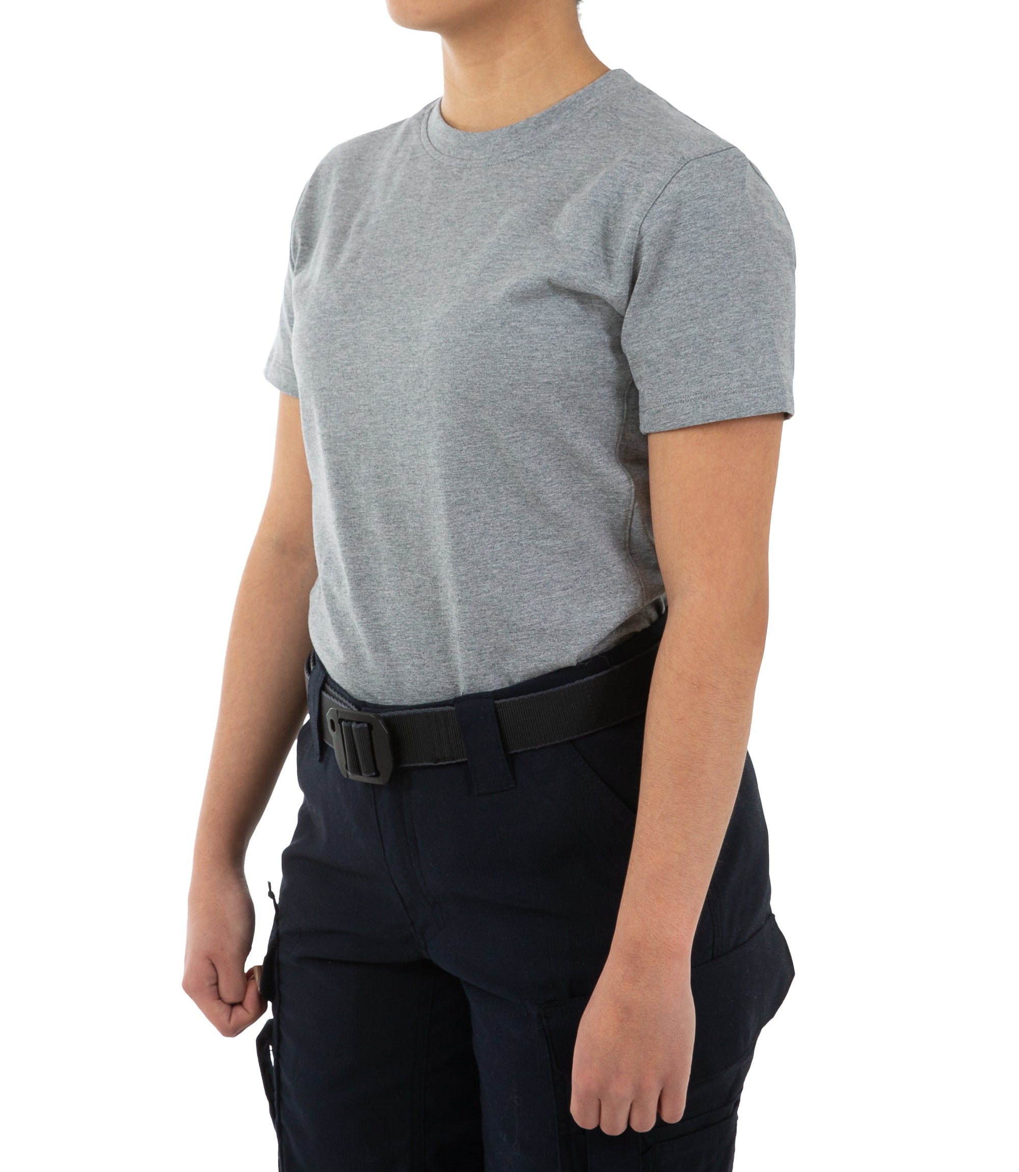 Left front side view of Women's Tactix Cotton Short Sleeve T-Shirt in Heather Grey |color_heather grey