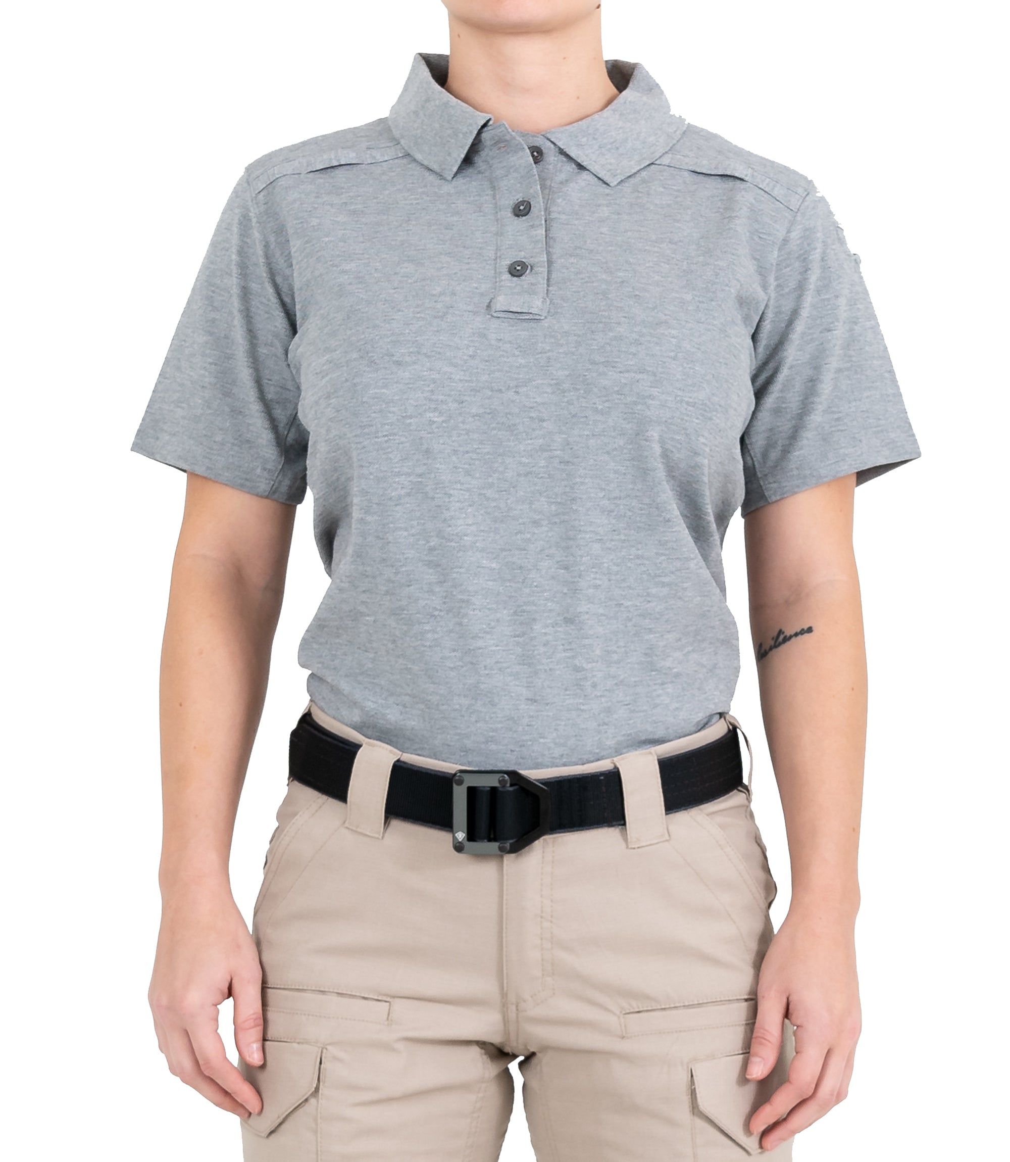 Front of Women's Cotton Short Sleeve Polo in Heather Grey |color_heather grey