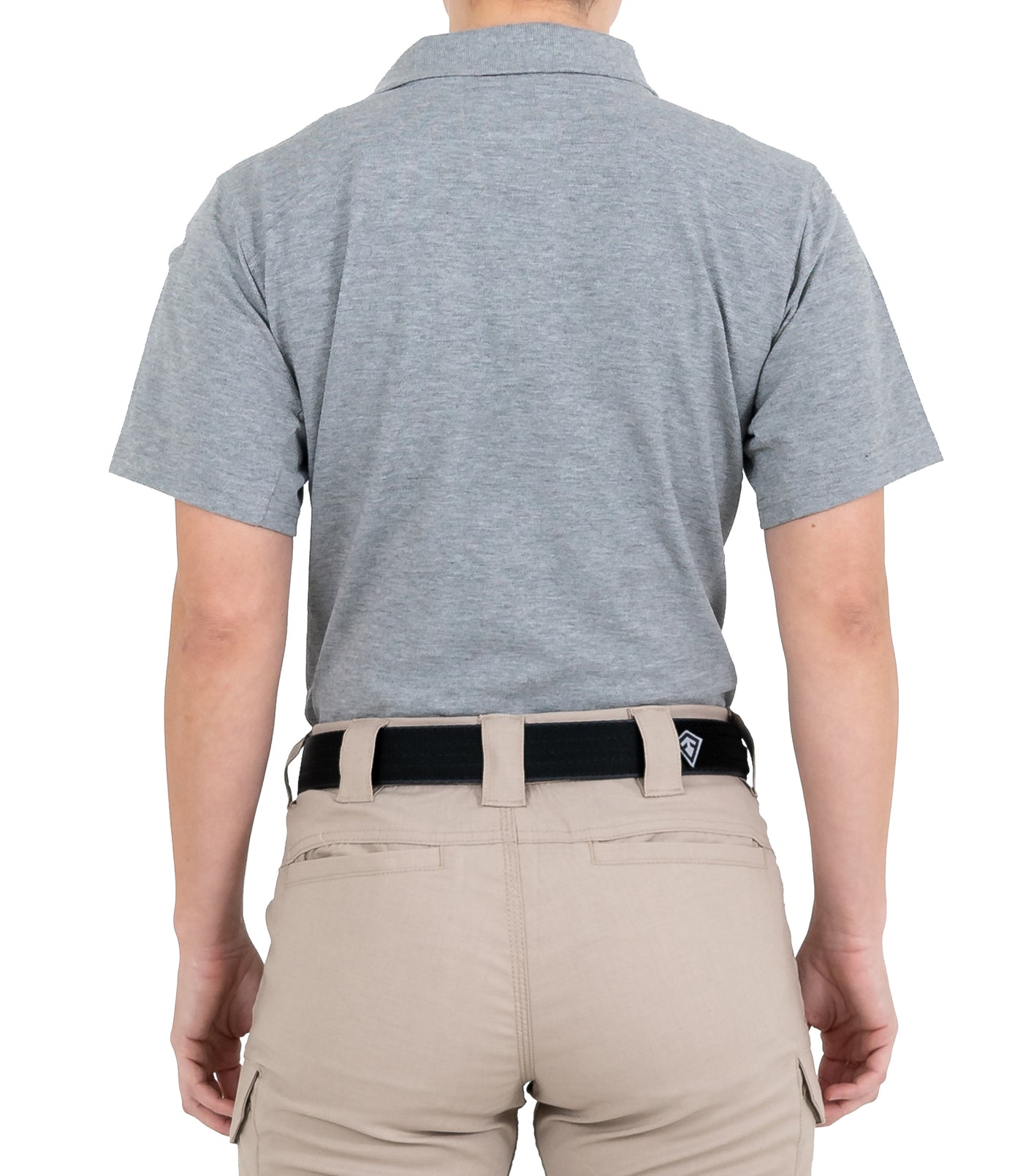 Back of Women's Cotton Short Sleeve Polo in Heather Grey