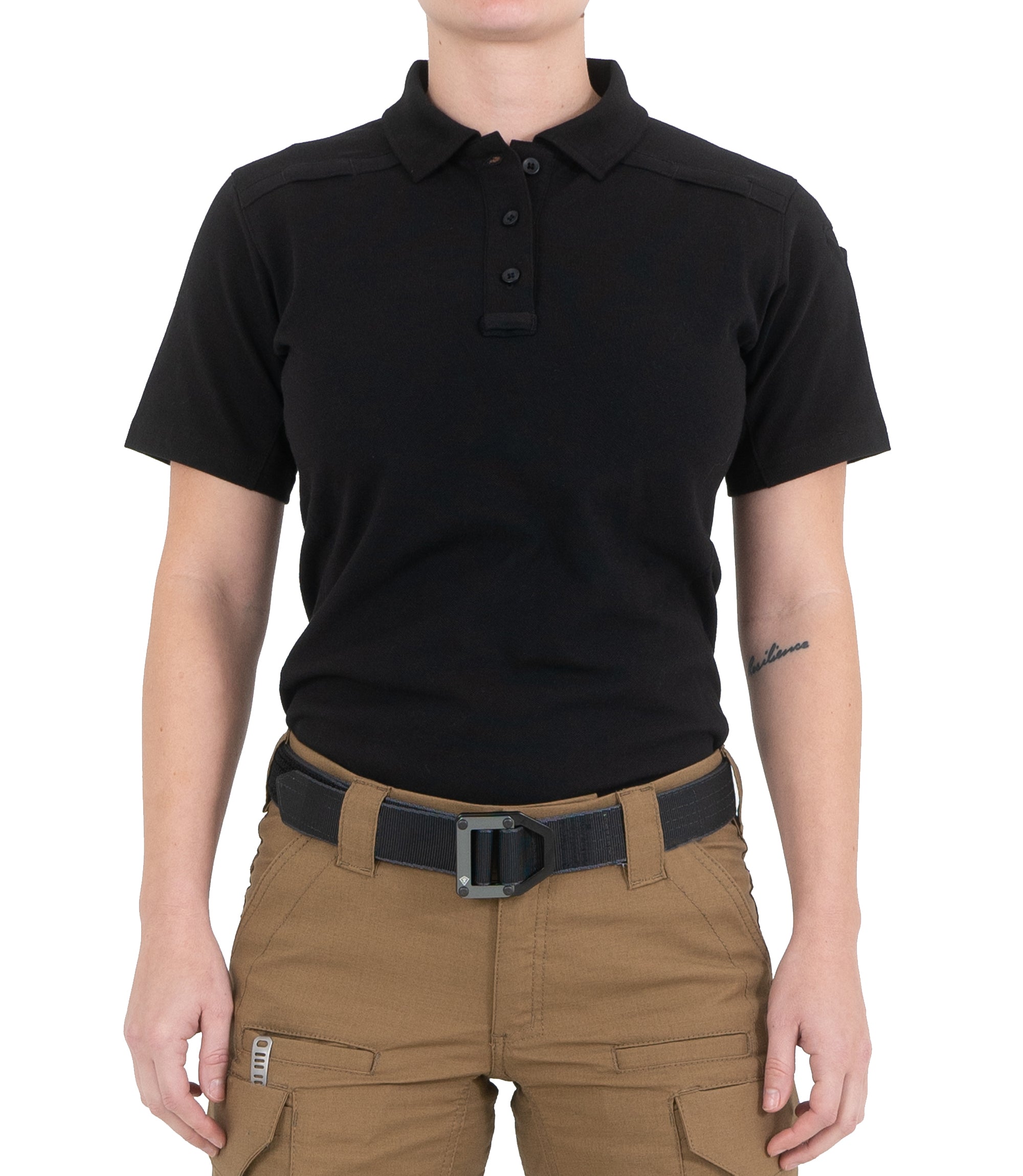 Front of Women's Cotton Short Sleeve Polo in Black |color_black