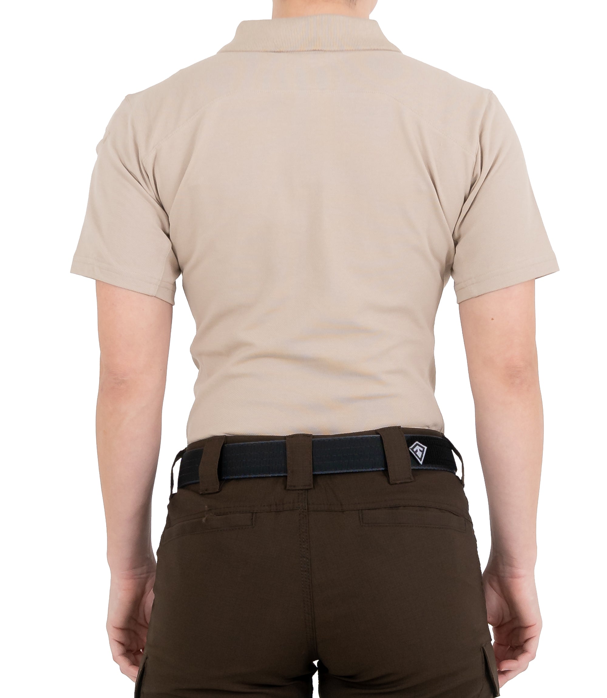 Back of Women's Cotton Short Sleeve Polo in Khaki |color_khaki