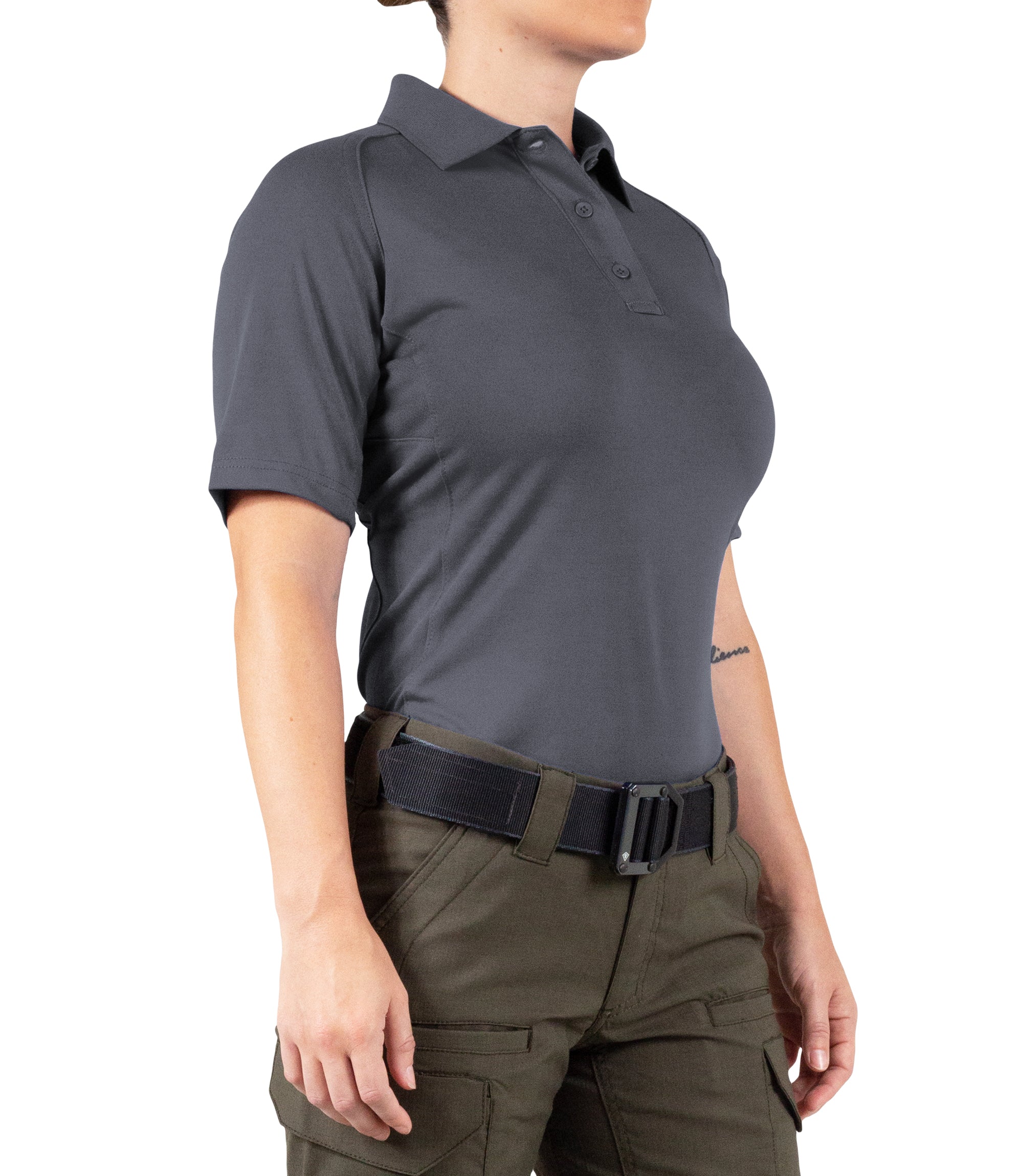 Side of Women's Performance Short Sleeve Polo in Asphalt |color_asphalt