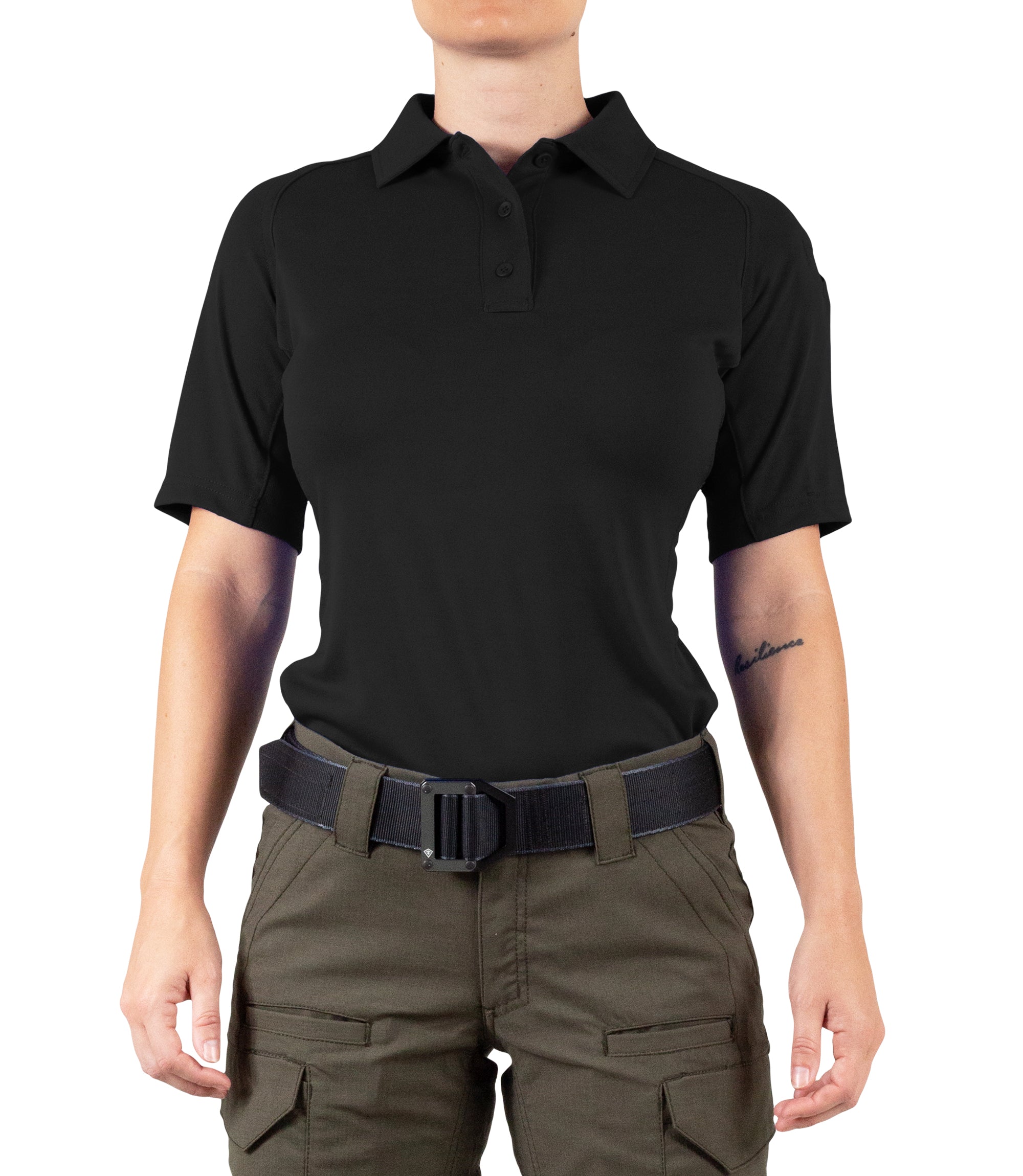 Front View of Women's Performance Short Sleeve Polo in Black |color_black