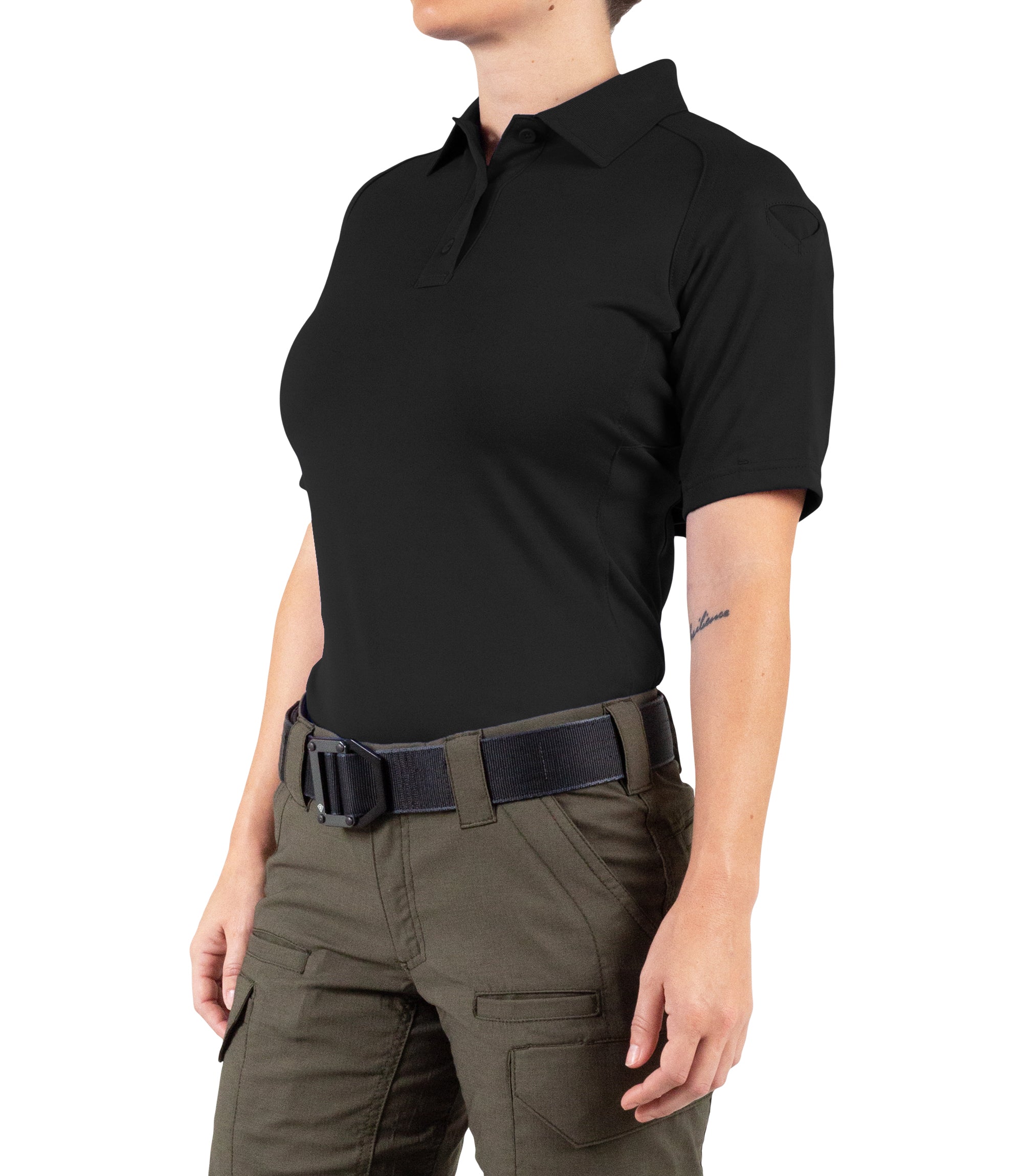 Side Front View of  Women's Performance Short Sleeve Polo in Black |color_black