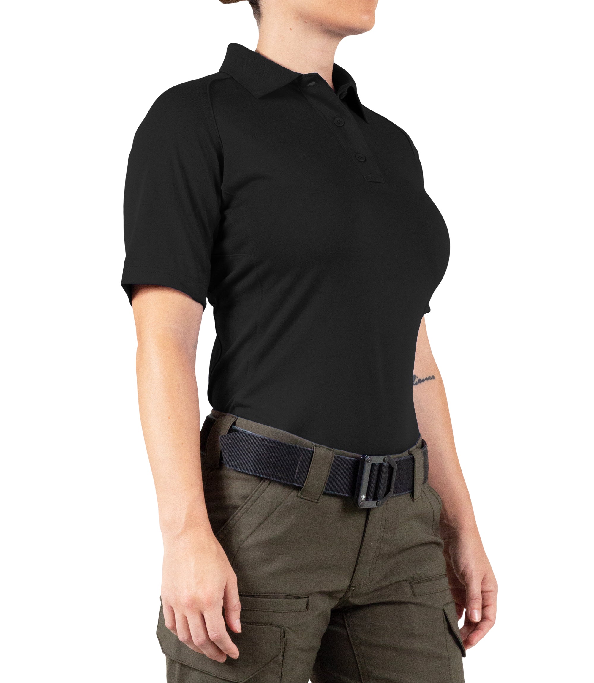 Side Front View of Women's Performance Short Sleeve Polo in Black |color_black