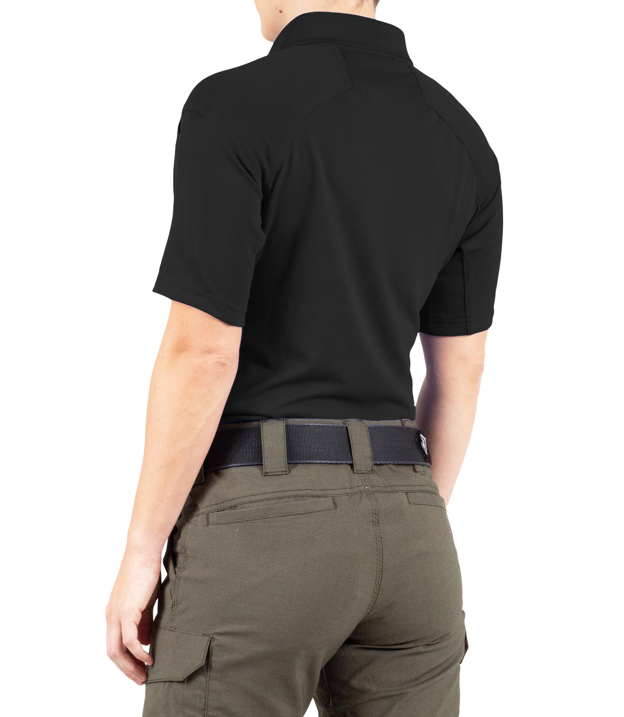 Side Back View of Women's Performance Short Sleeve Polo in Black |color_black