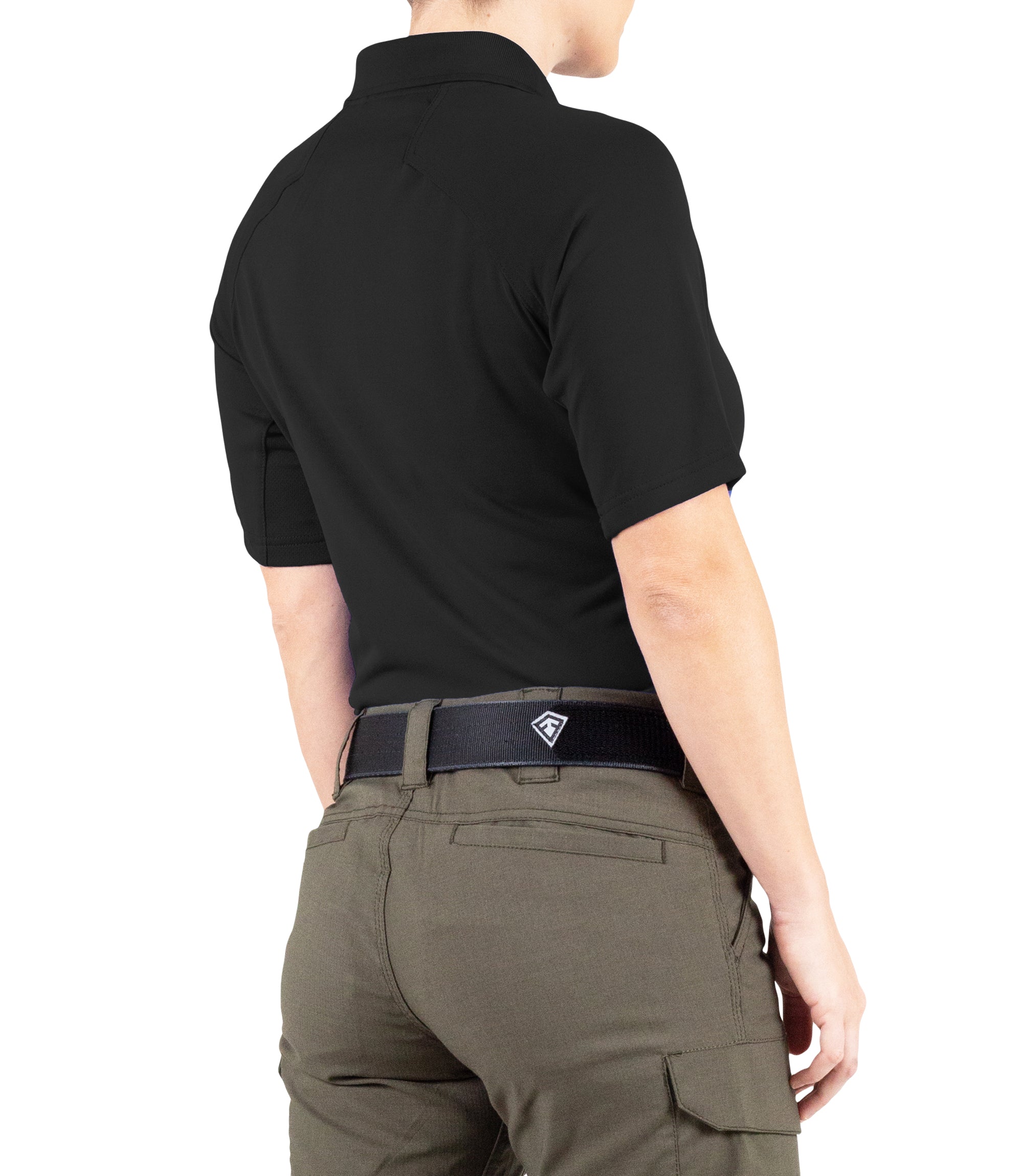 Back Side View of Women's Performance Short Sleeve Polo in Black |color_black
