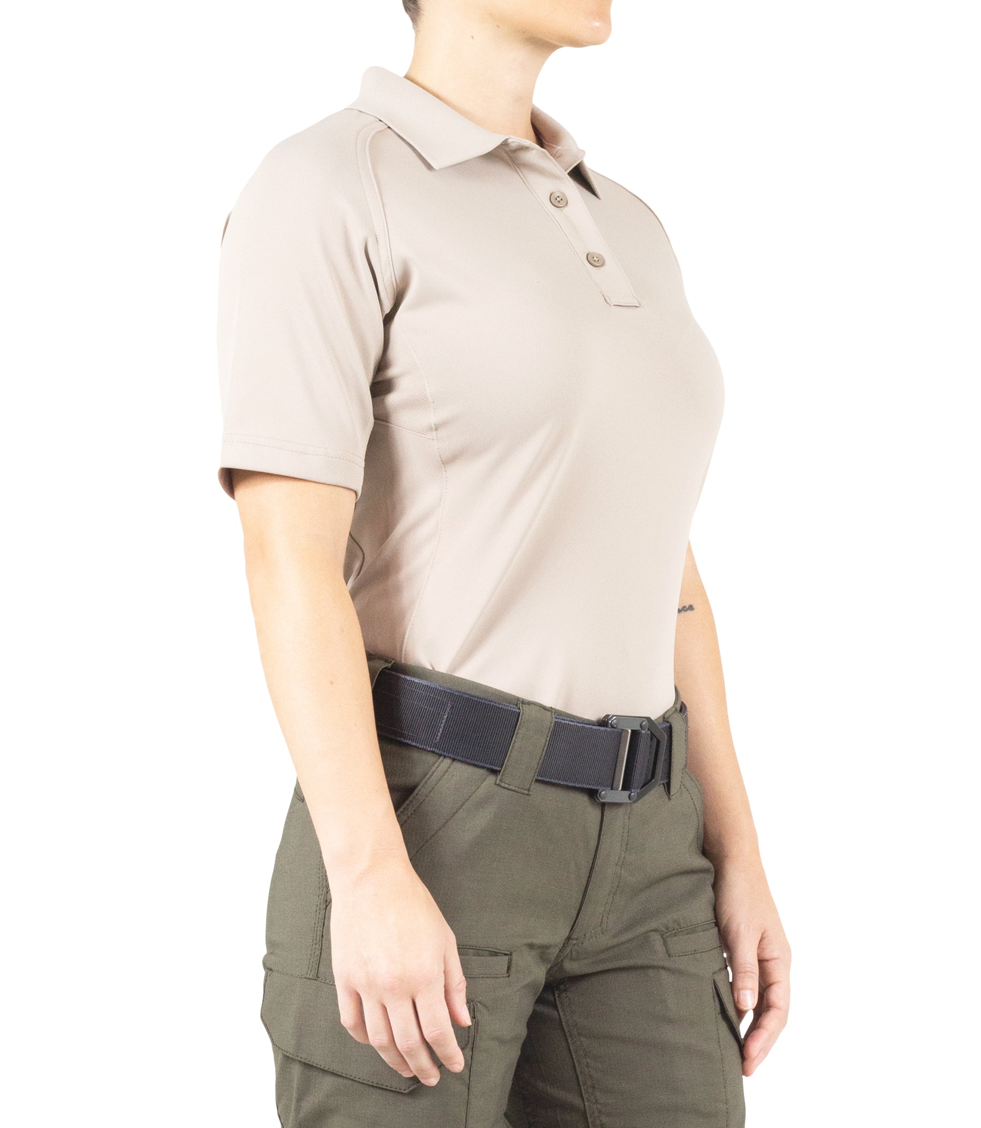 Side of Women's Performance Short Sleeve Polo in Khaki |color_khaki