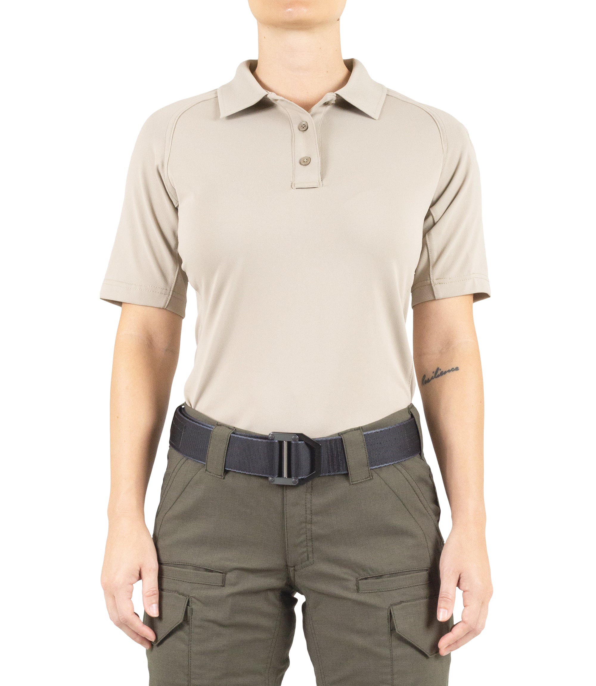 Front of Women's Performance Short Sleeve Polo in Silver Tan |color_silver tan