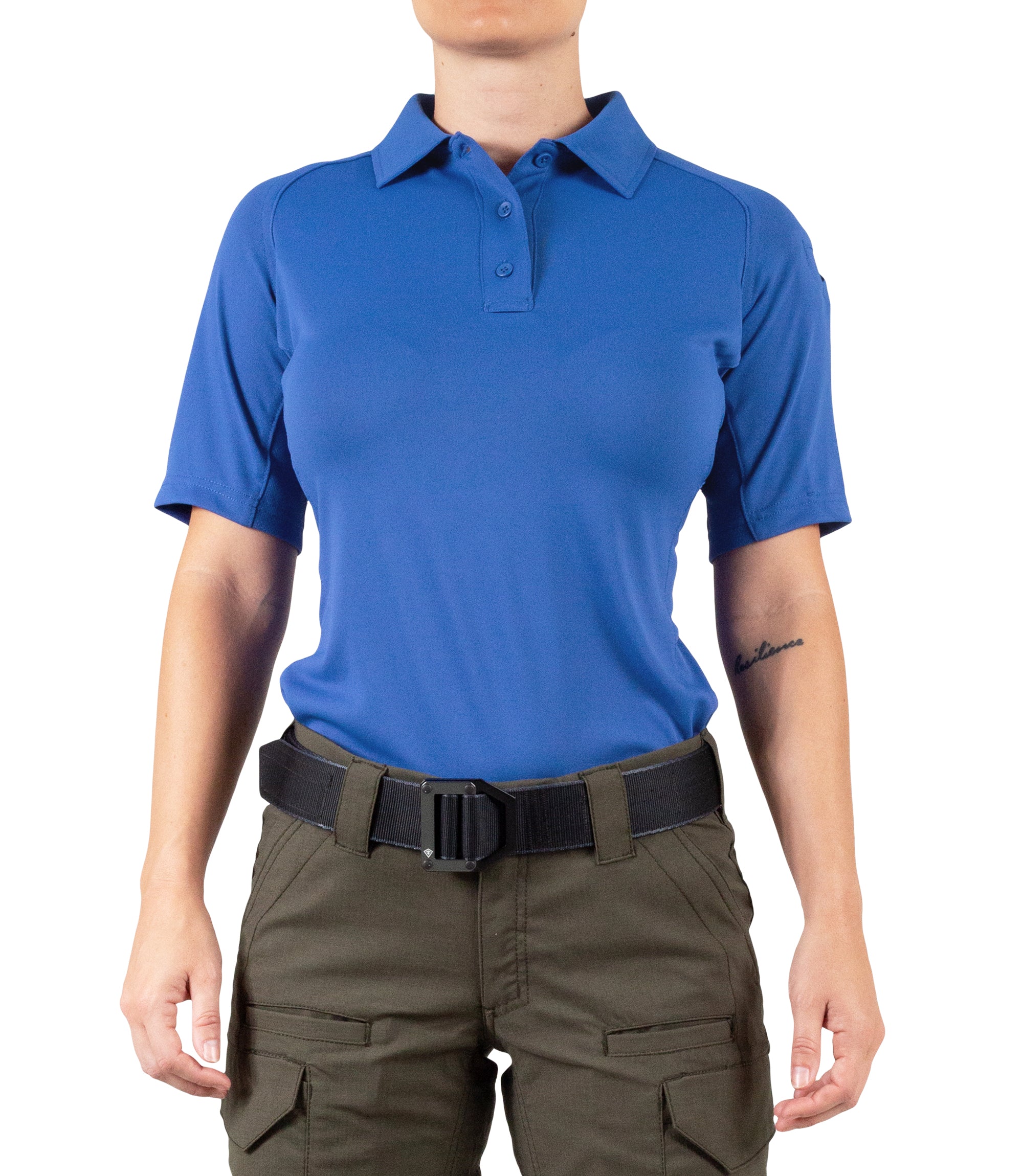 Front of Women's Performance Short Sleeve Polo in Academy Blue |color_academy blue