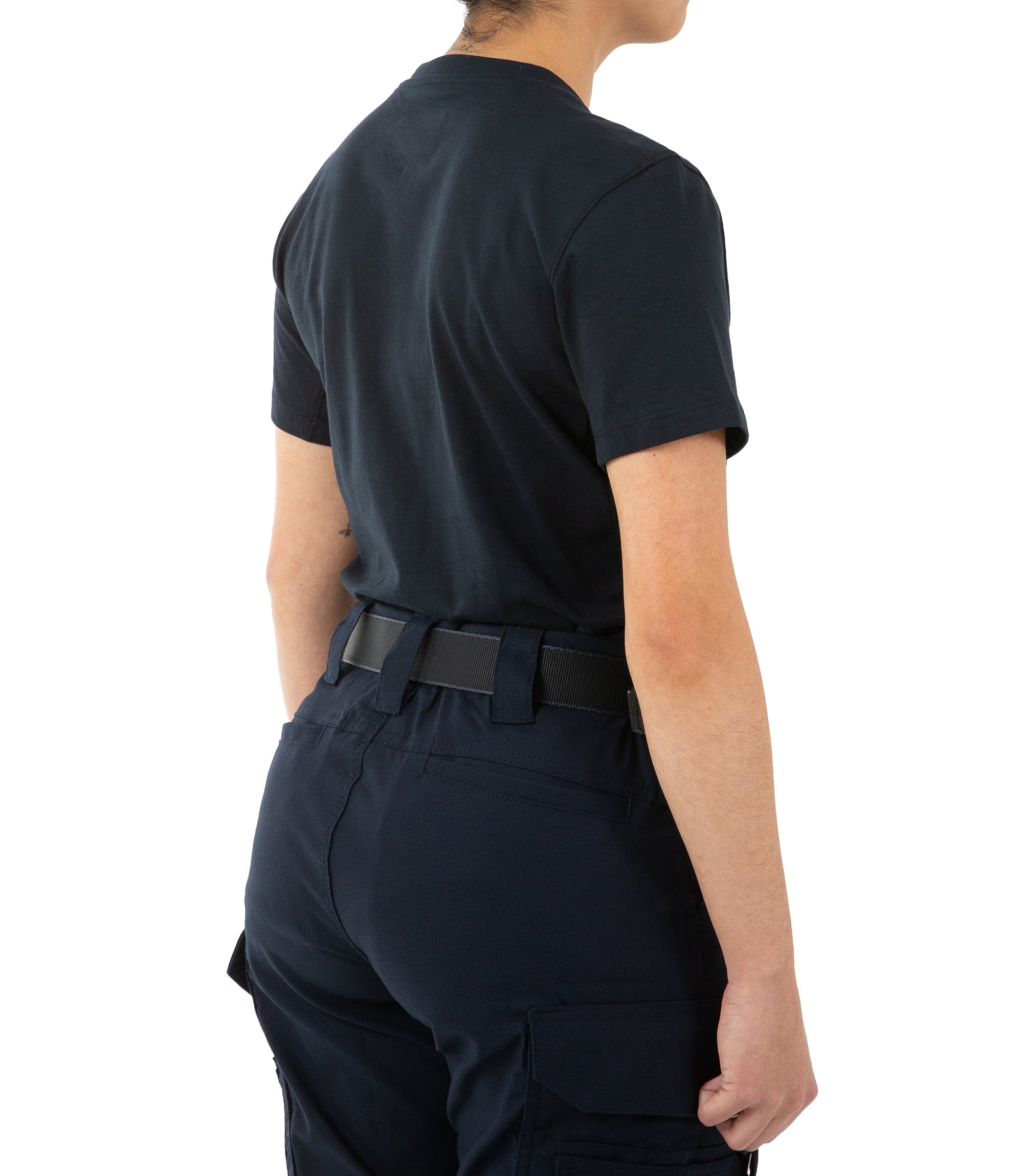 Right back side view of Women's Tactix Cotton T-Shirt with Chest Pocket in Midnight Navy |color_midnight navy