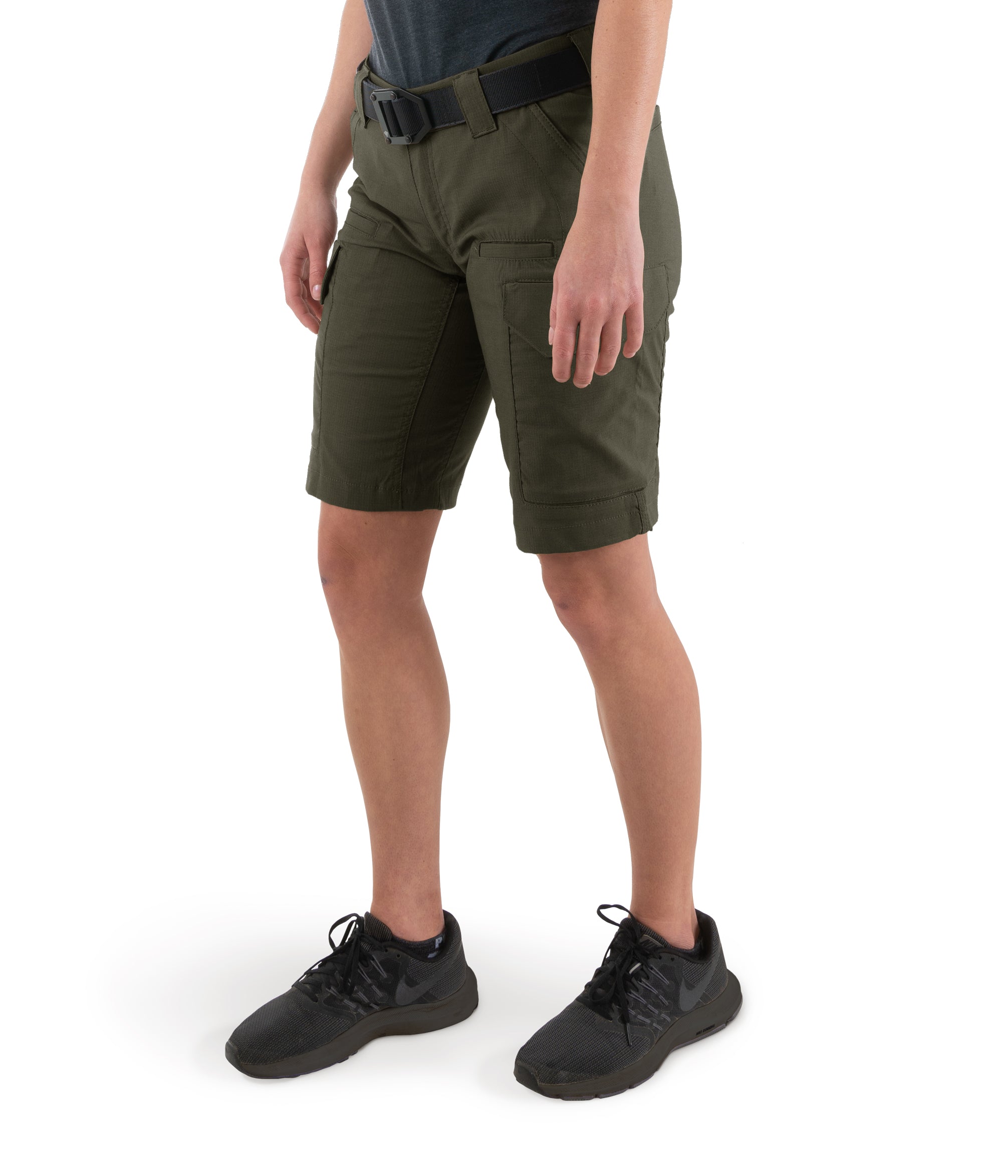 Left front side view of Women's V2 Tactical Short in OD Green|color_od green