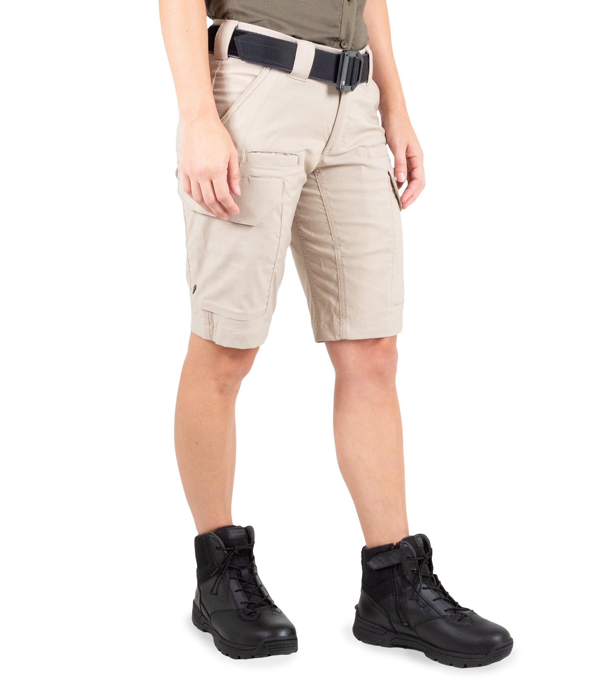 Right front side view of Women's V2 Tactical Short in Khaki|color_khaki