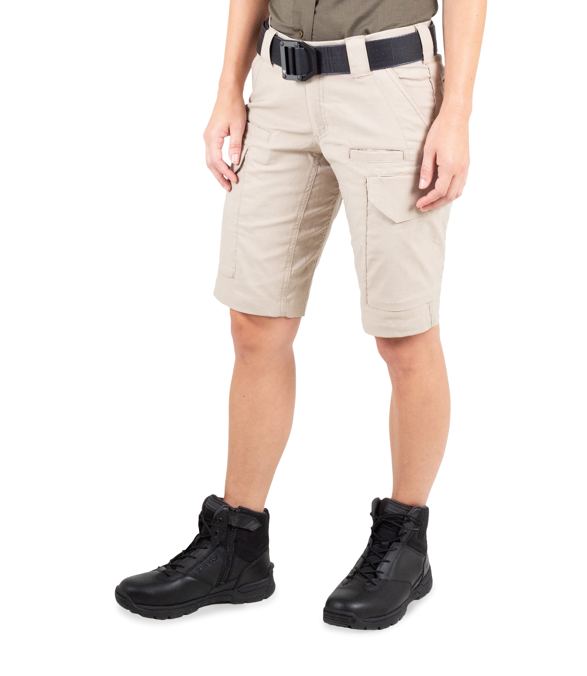 Left front side view of Women's V2 Tactical Short in Khaki|color_khaki