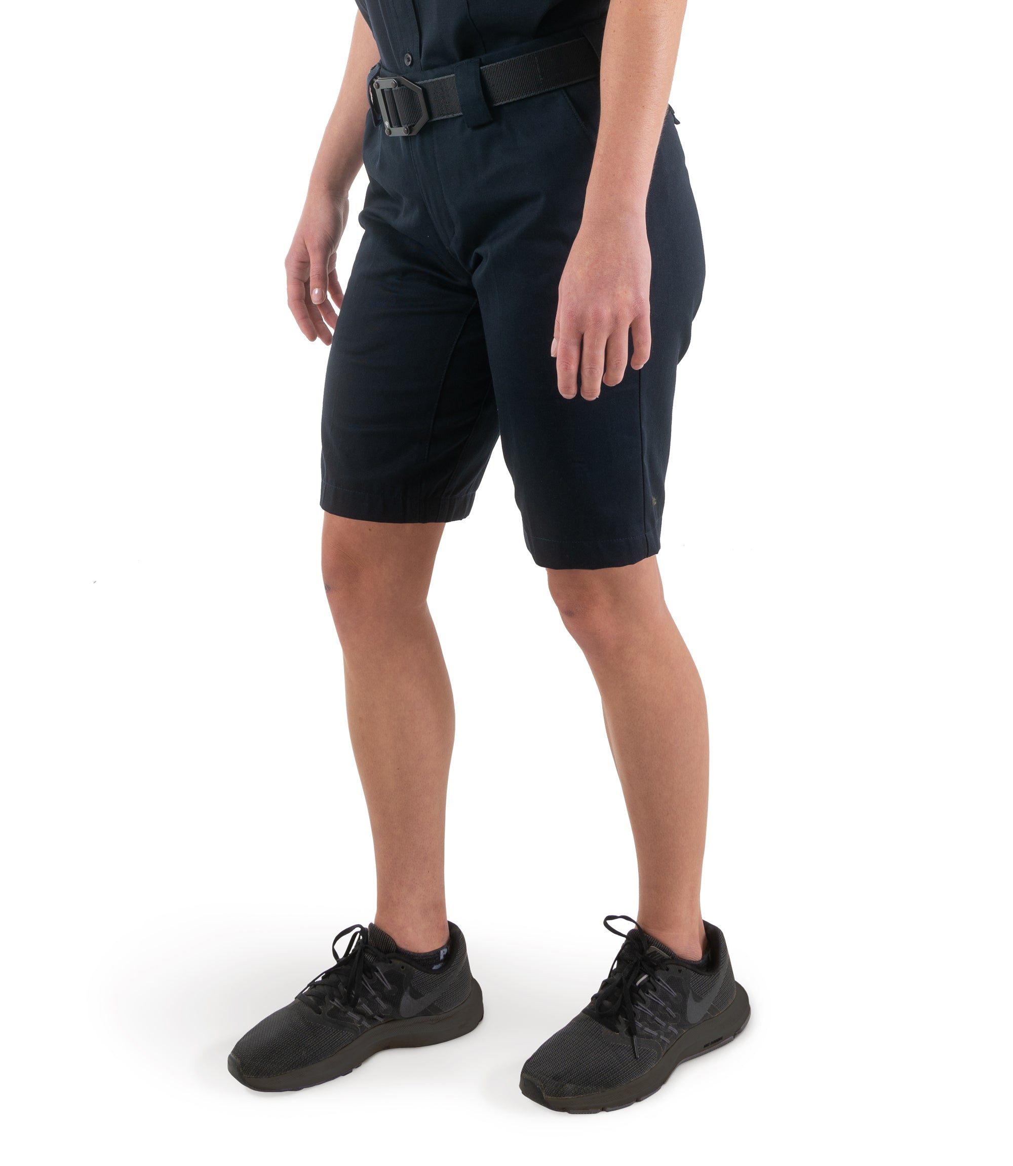 Left front side view of Women's Cotton Station Short in Midnight Navy|color_midnight navy