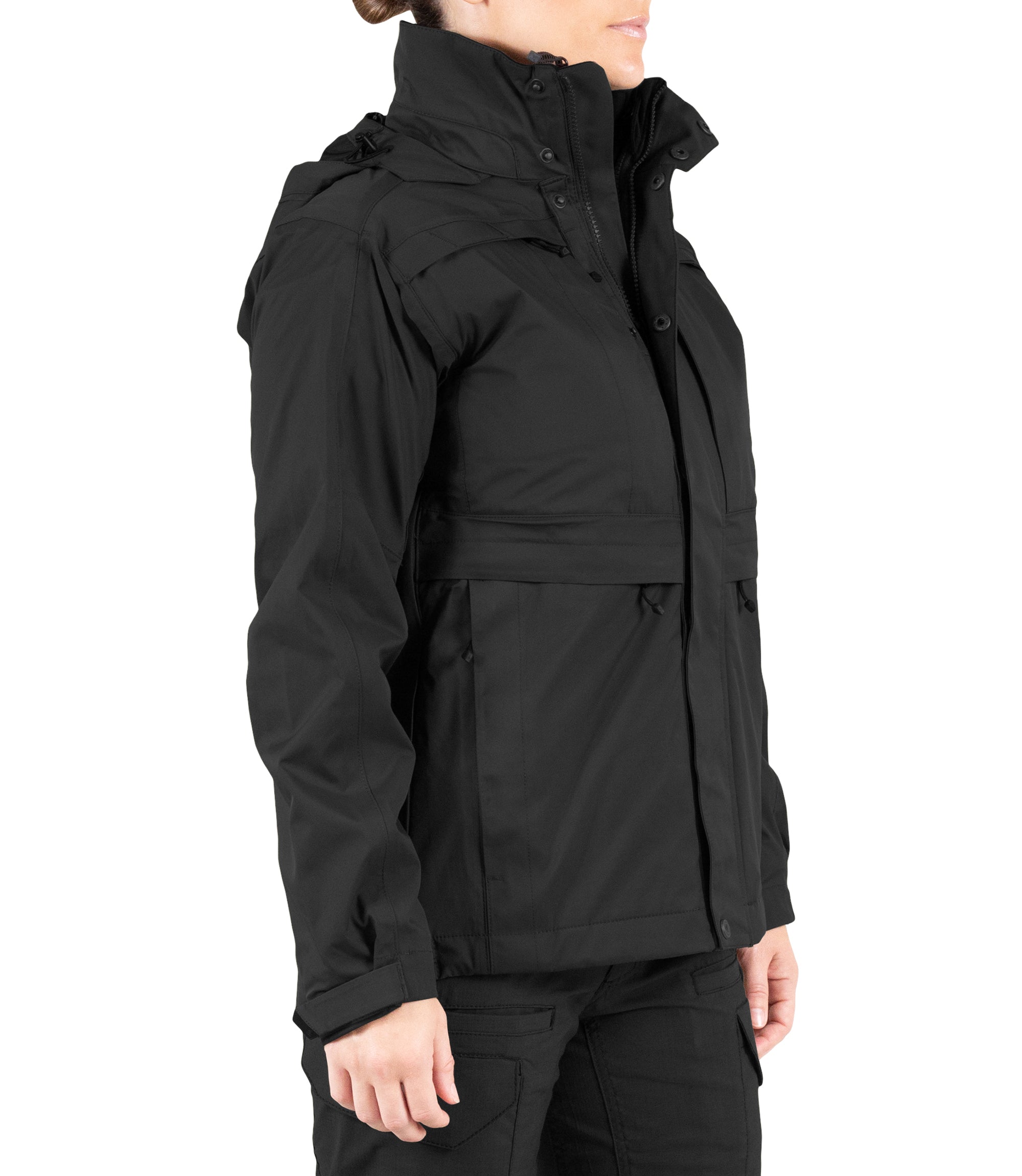 Right front side view of Women’s Tactix 3-In-1 System Parka in Black|color_black