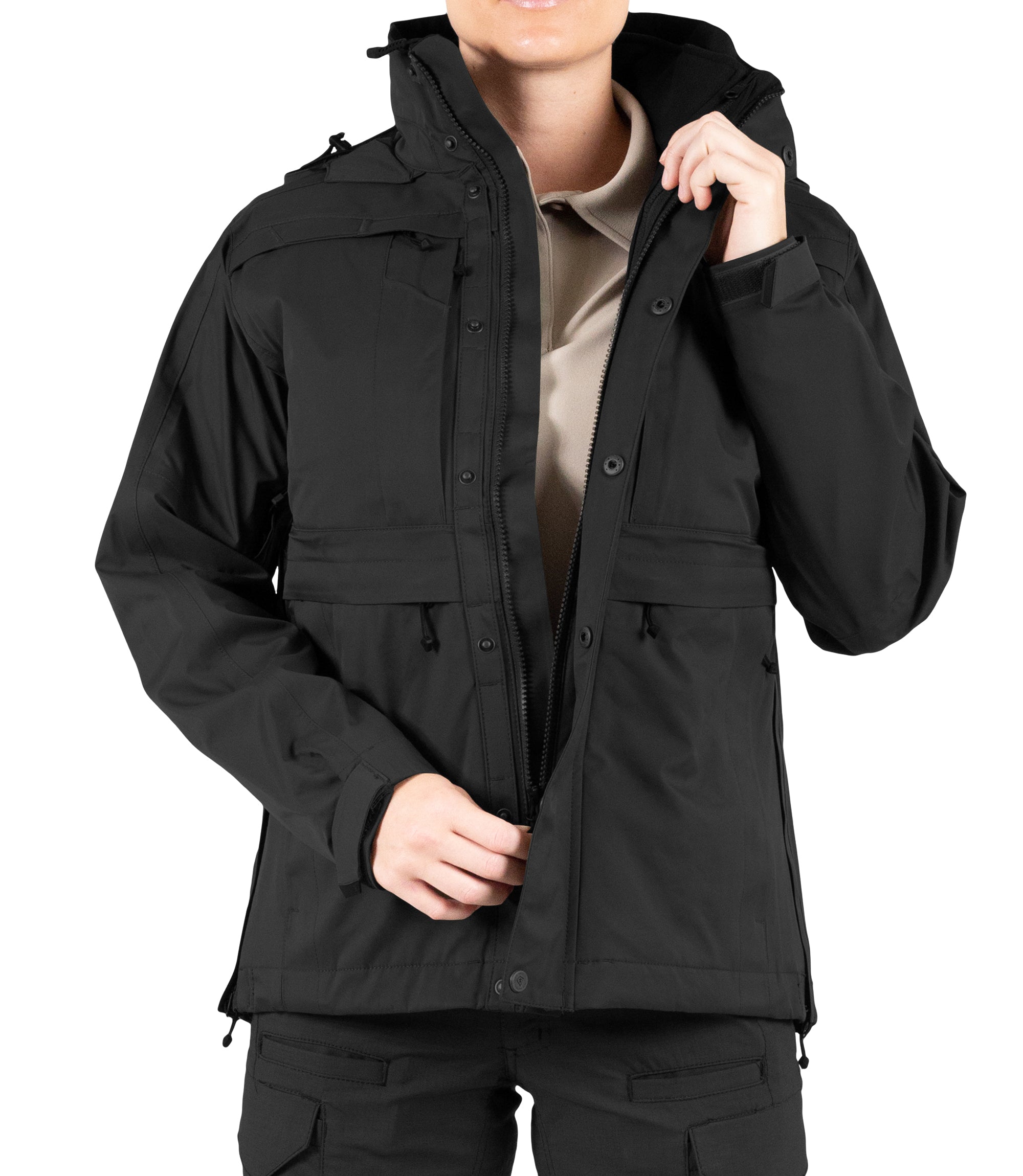 Front Zipper View of Women’s Tactix 3-In-1 System Parka in Black|color_black