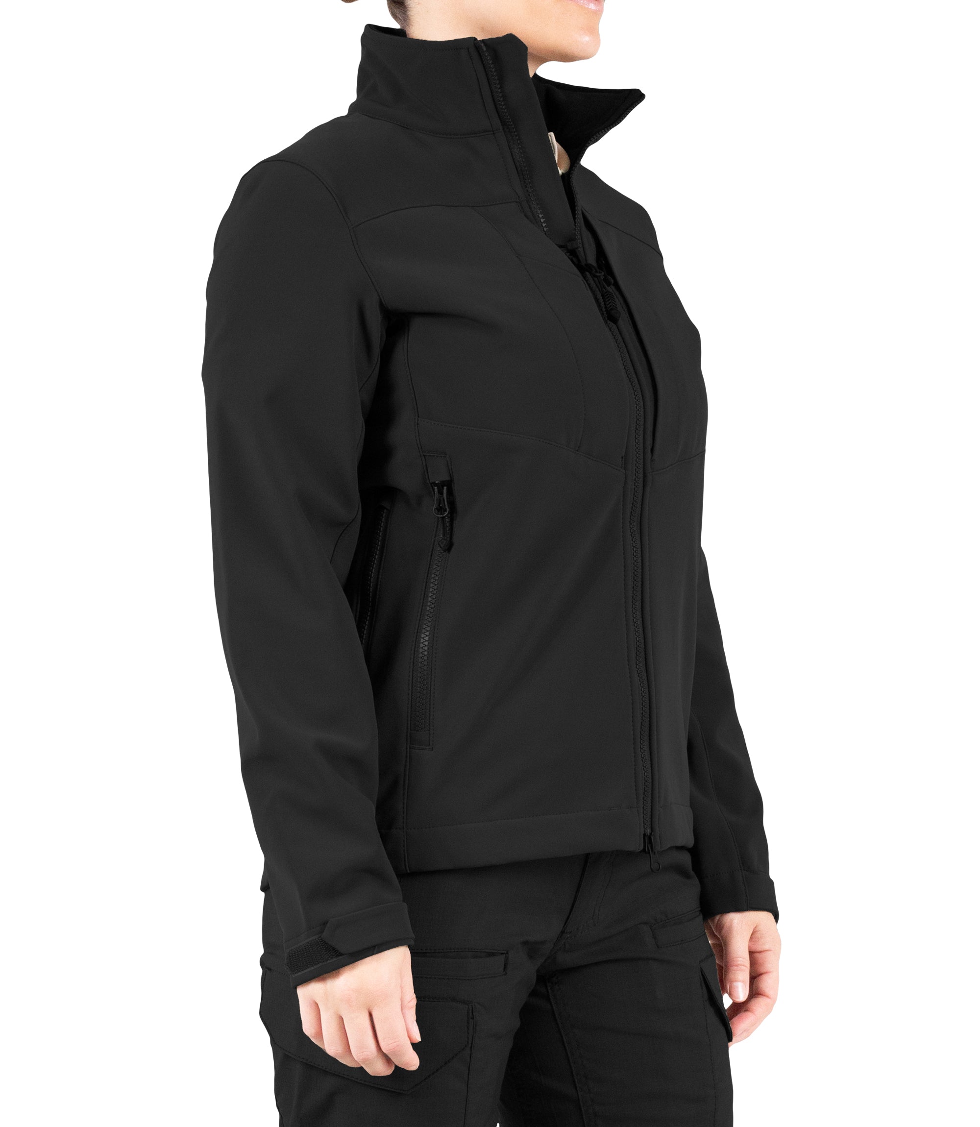 Right front side view of Women’s Tactix Softshell Jacket in Black|color_black