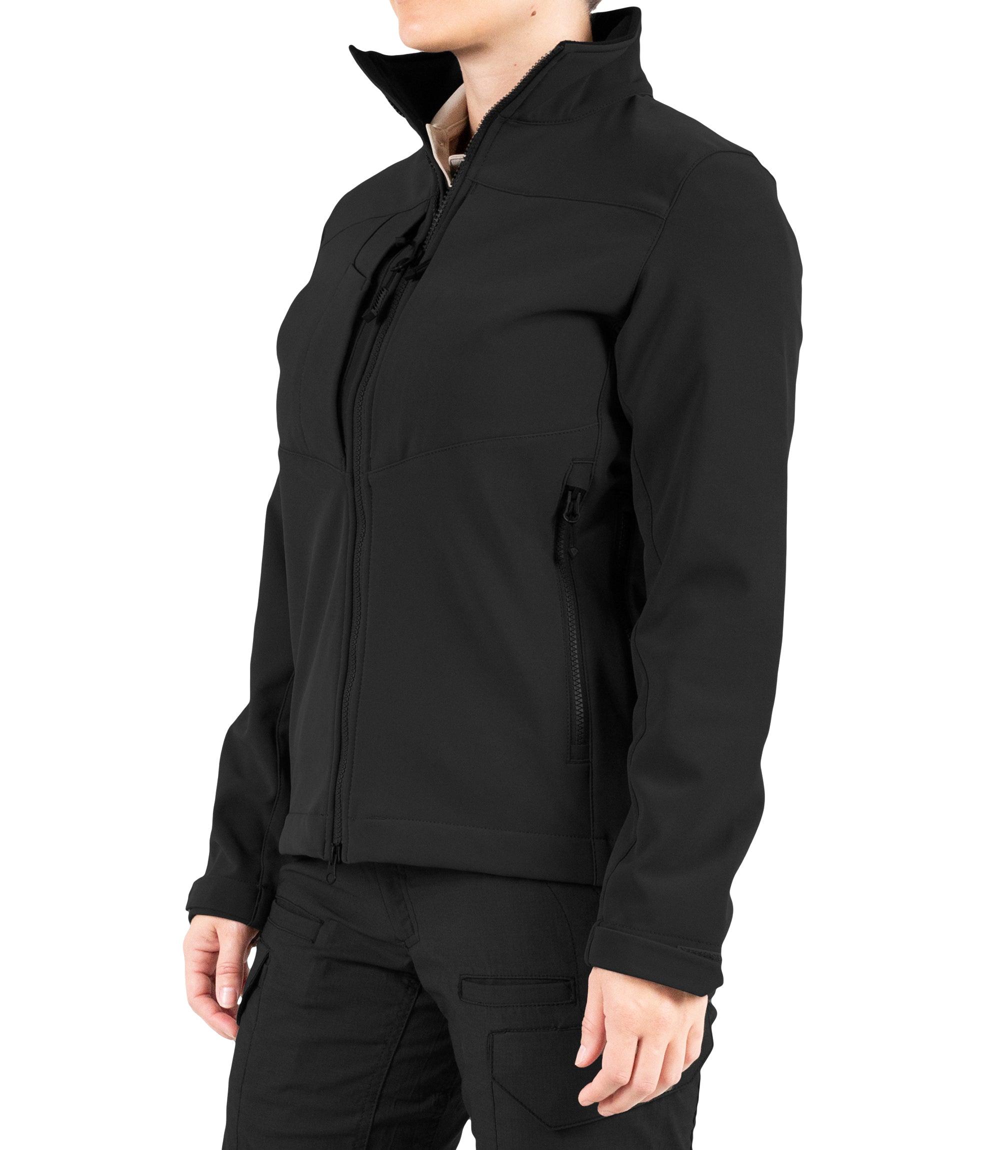 Left front side of Women’s Tactix Softshell Jacket in Black|color_black
