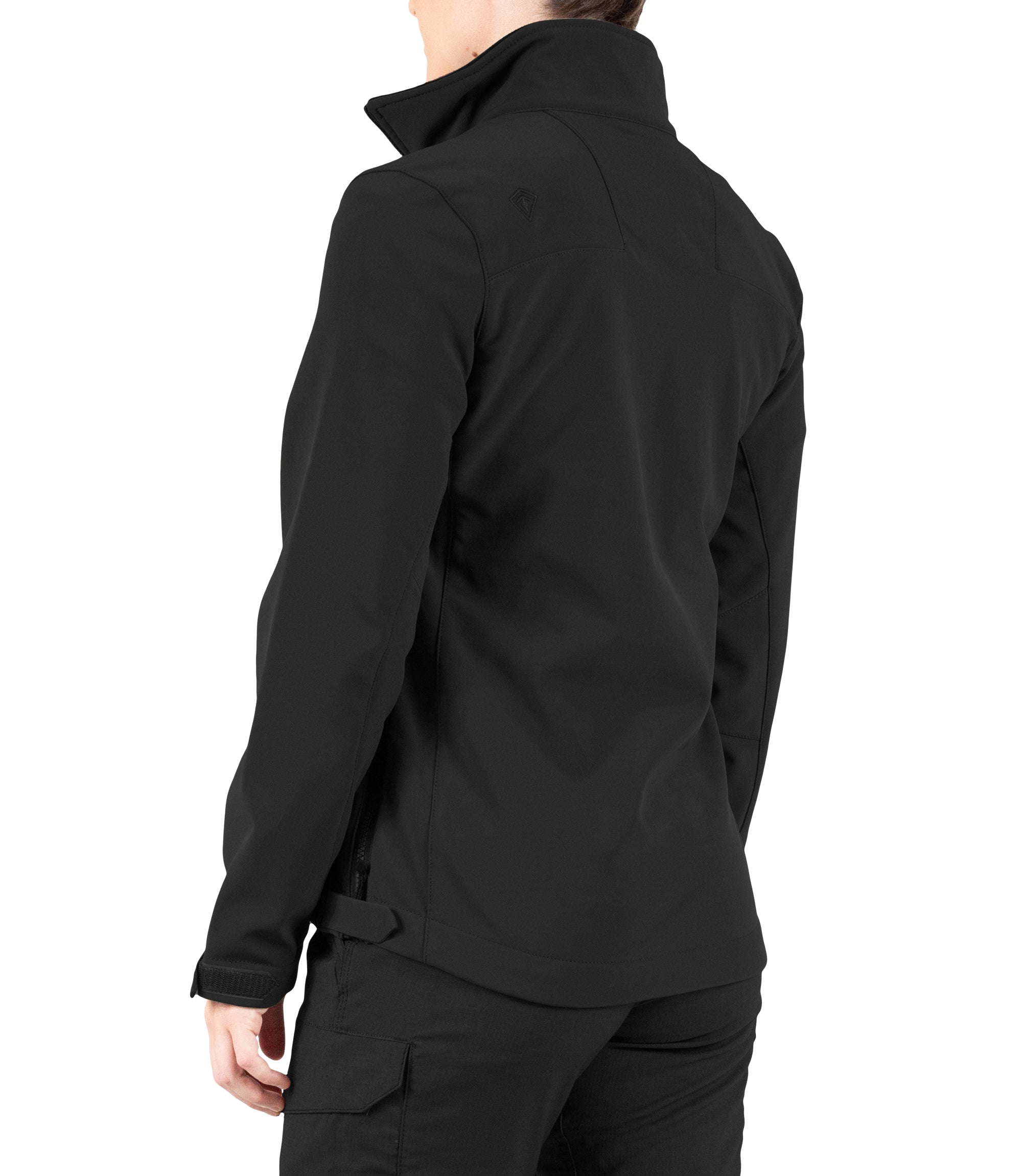 Left back side view of Women’s Tactix Softshell Jacket in Black|color_black