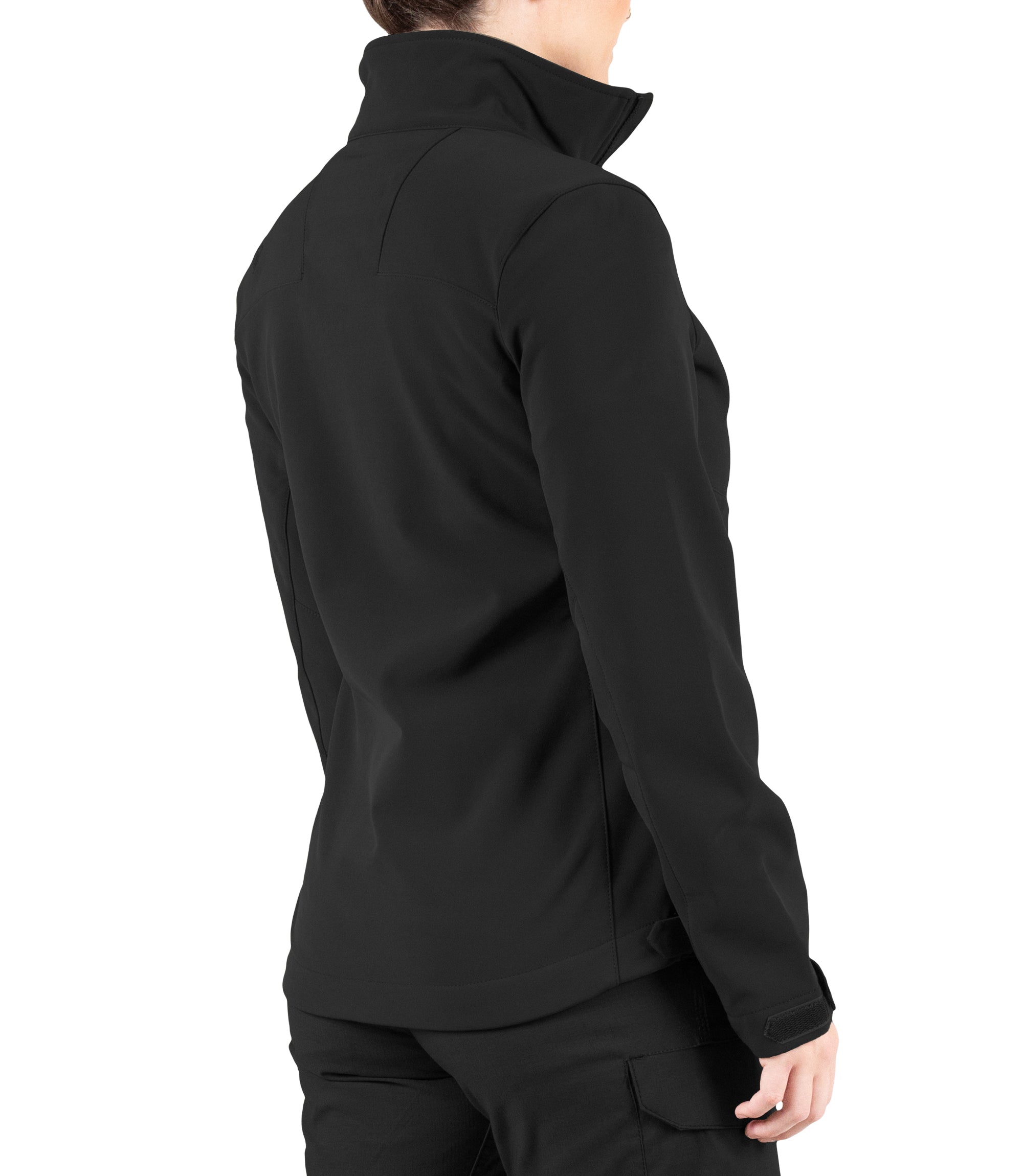Right back side view of Women’s Tactix Softshell Jacket in Black|color_black