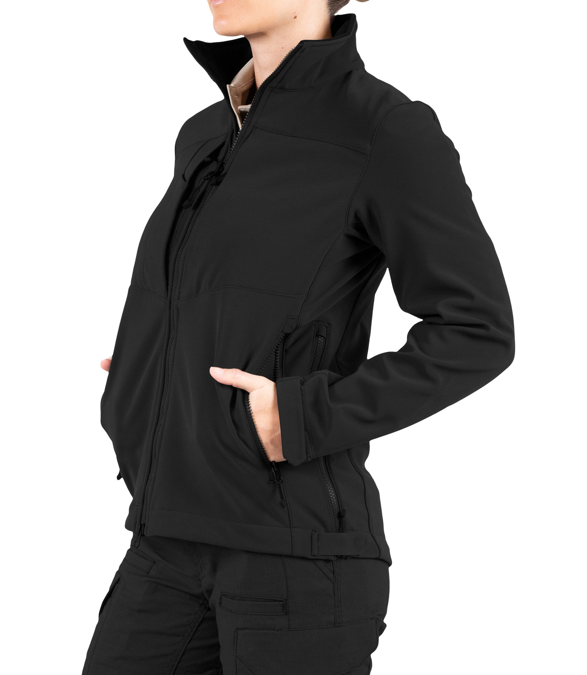 Left front side view with hand in pocket of Women’s Tactix Softshell Jacket in Black|color_black