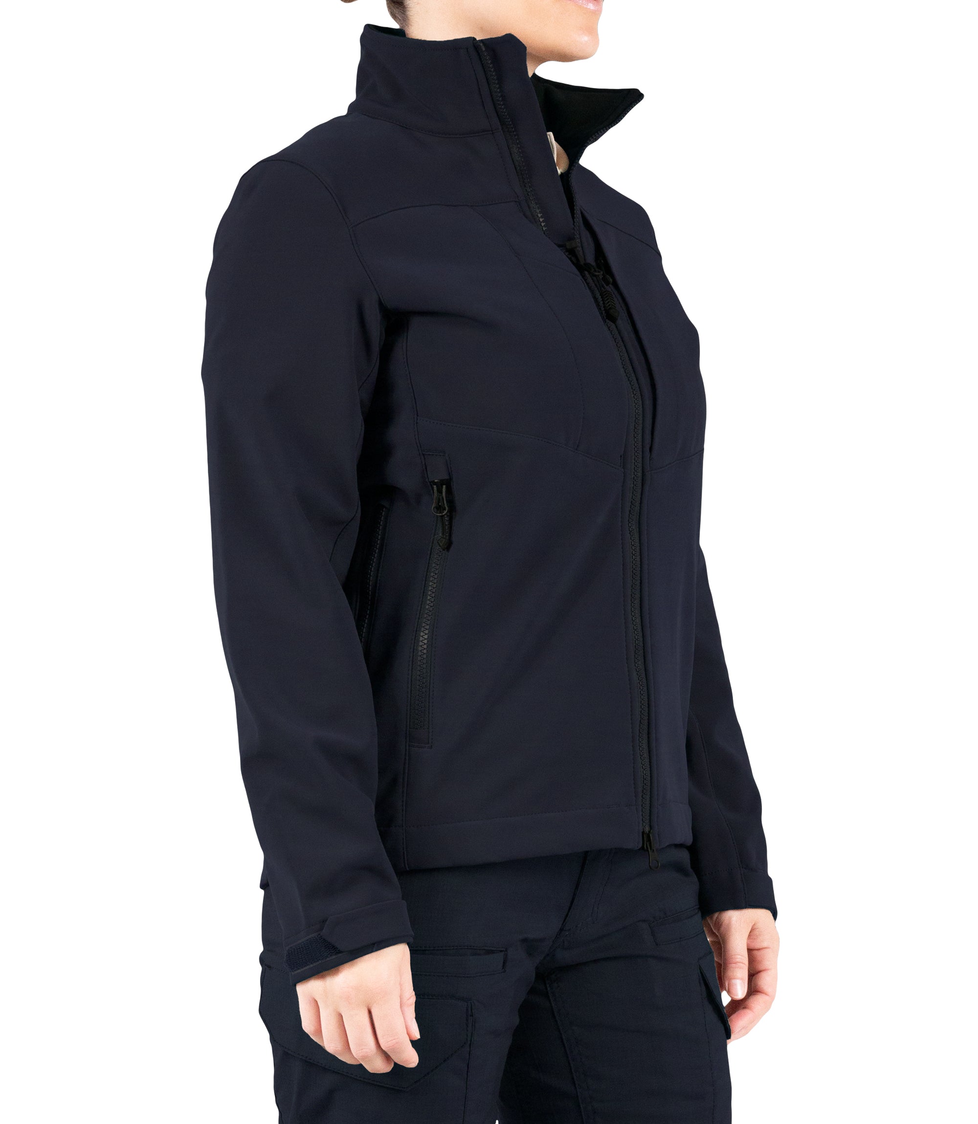 Right front side view of Women’s Tactix Softshell Jacket in Midnight Navy|color_midnight navy