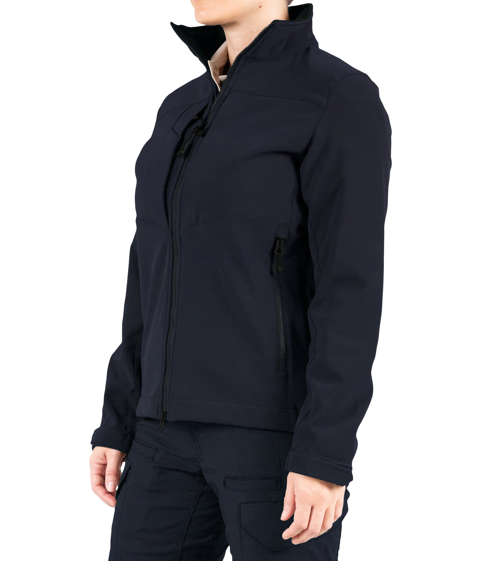 Left front side view of Women’s Tactix Softshell Jacket in Midnight Navy|color_midnight navy