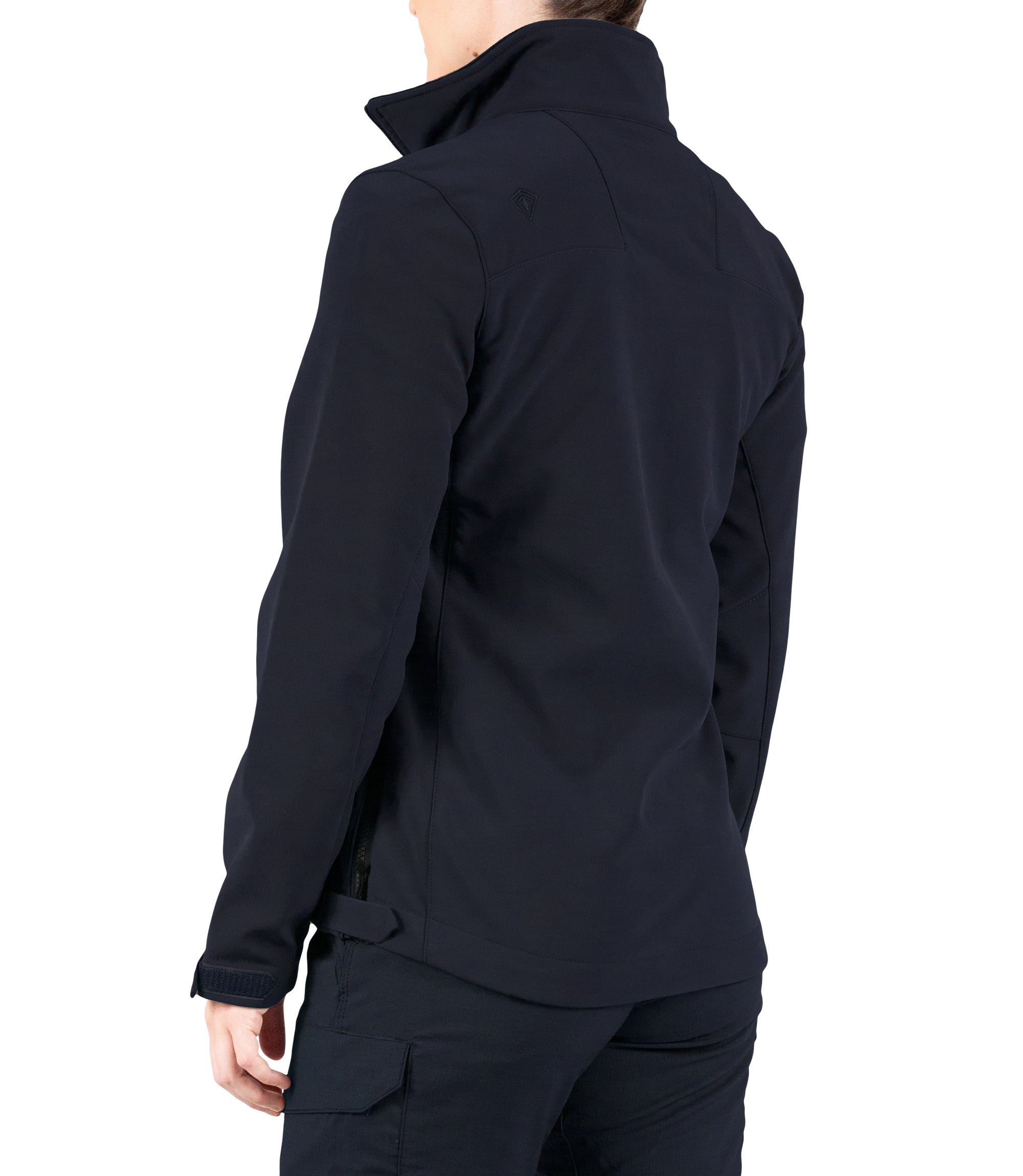 Left back side view of Women’s Tactix Softshell Jacket in Midnight Navy|color_midnight navy