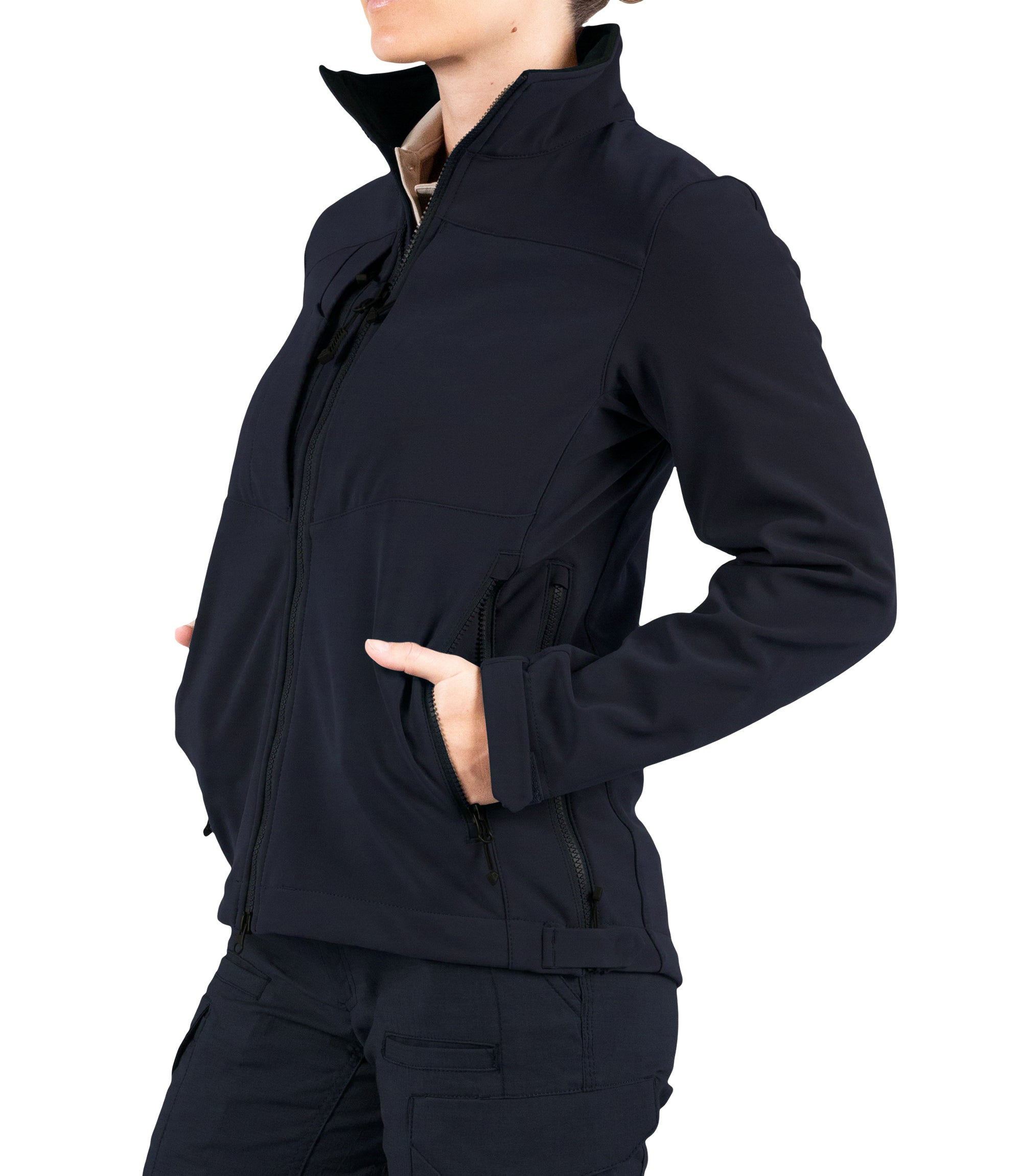 Left front side view with hand in pocket of Women’s Tactix Softshell Jacket in Midnight Navy|color_midnight navy