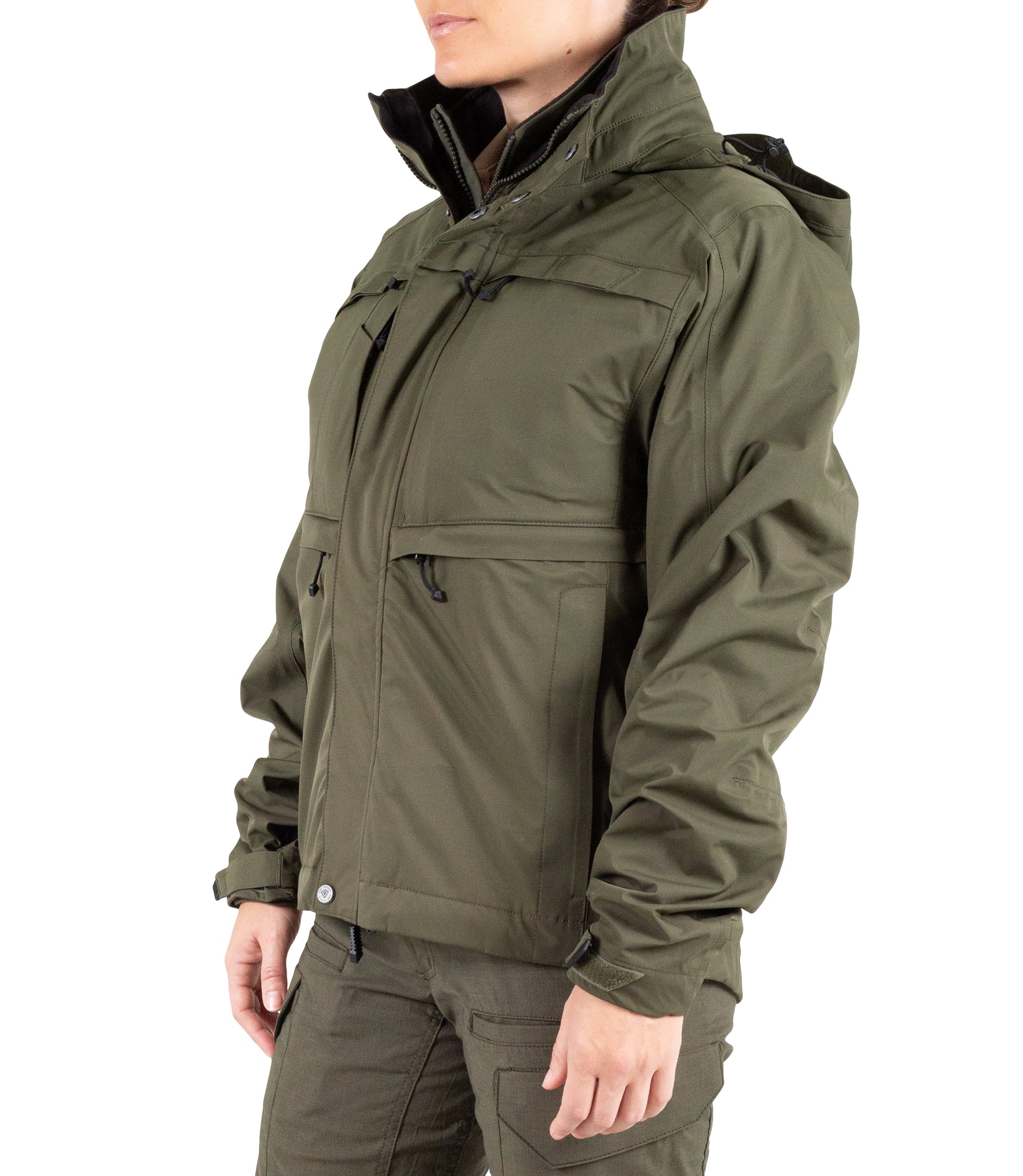 Left front side view of Women’s Tactix 3-In-1 System Jacket in OD Green|color_od green