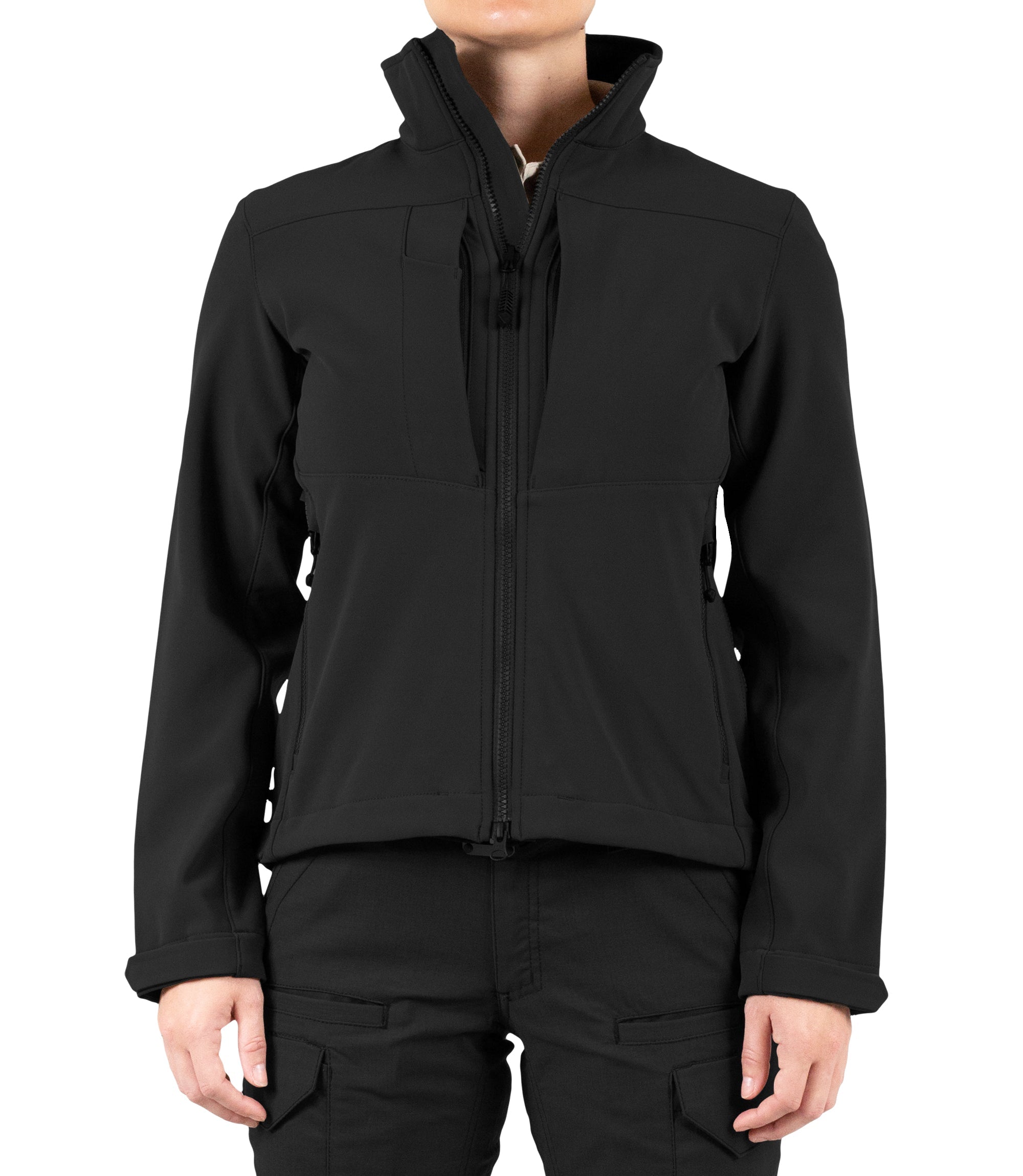 Front view of Women’s Tactix Softshell Jacket in Black|color_black
