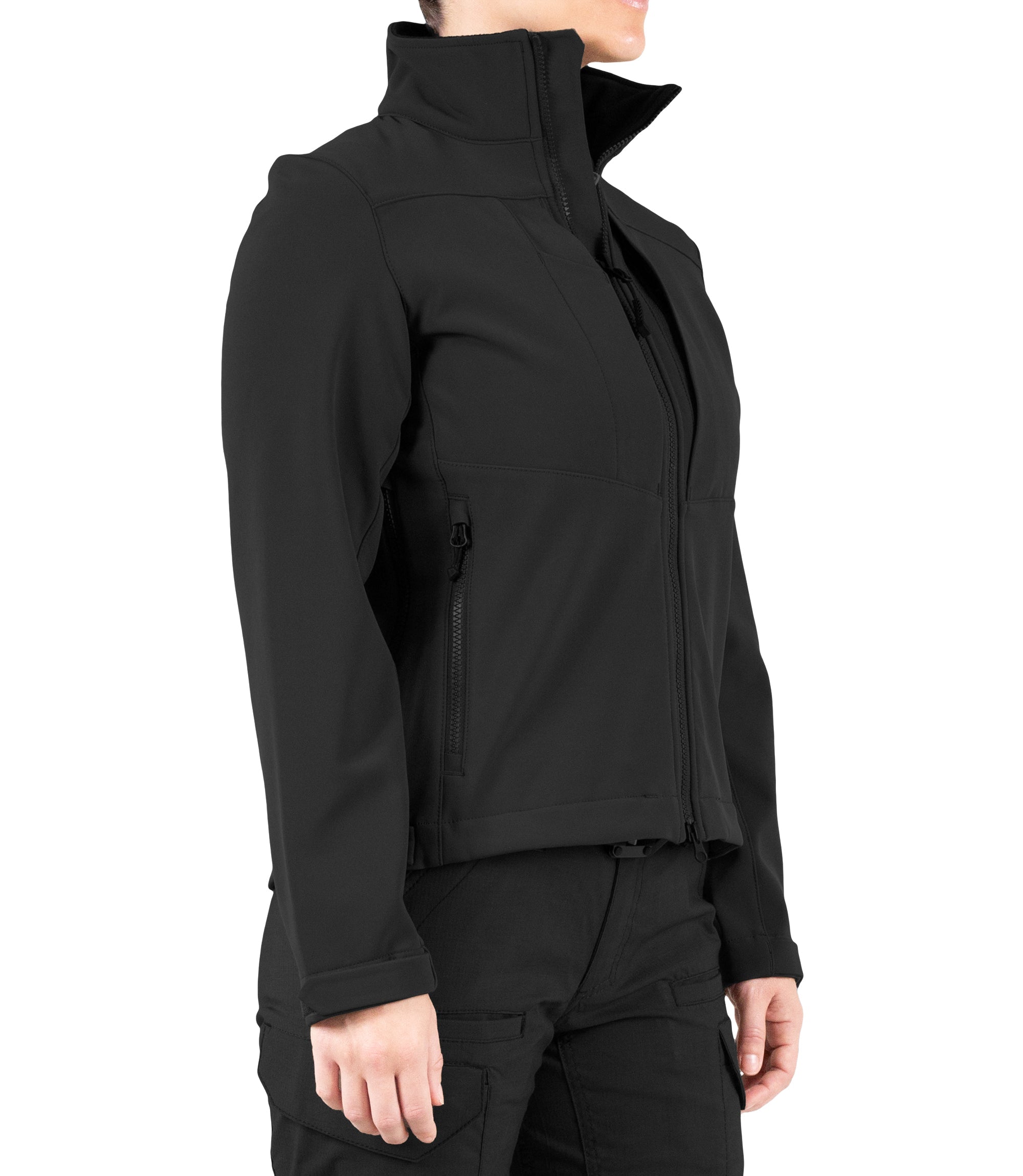 Right front side view of Women’s Tactix Softshell Jacket in Black|color_black