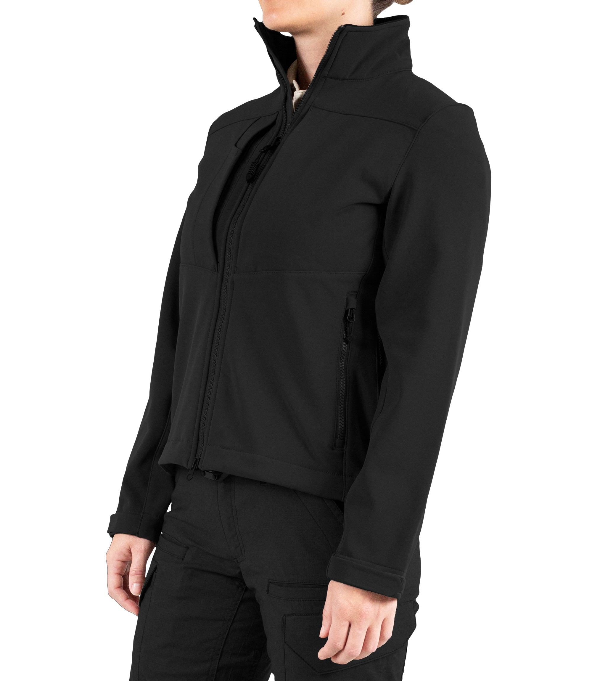 Left front side view of Women’s Tactix Softshell Jacket in Black|color_black