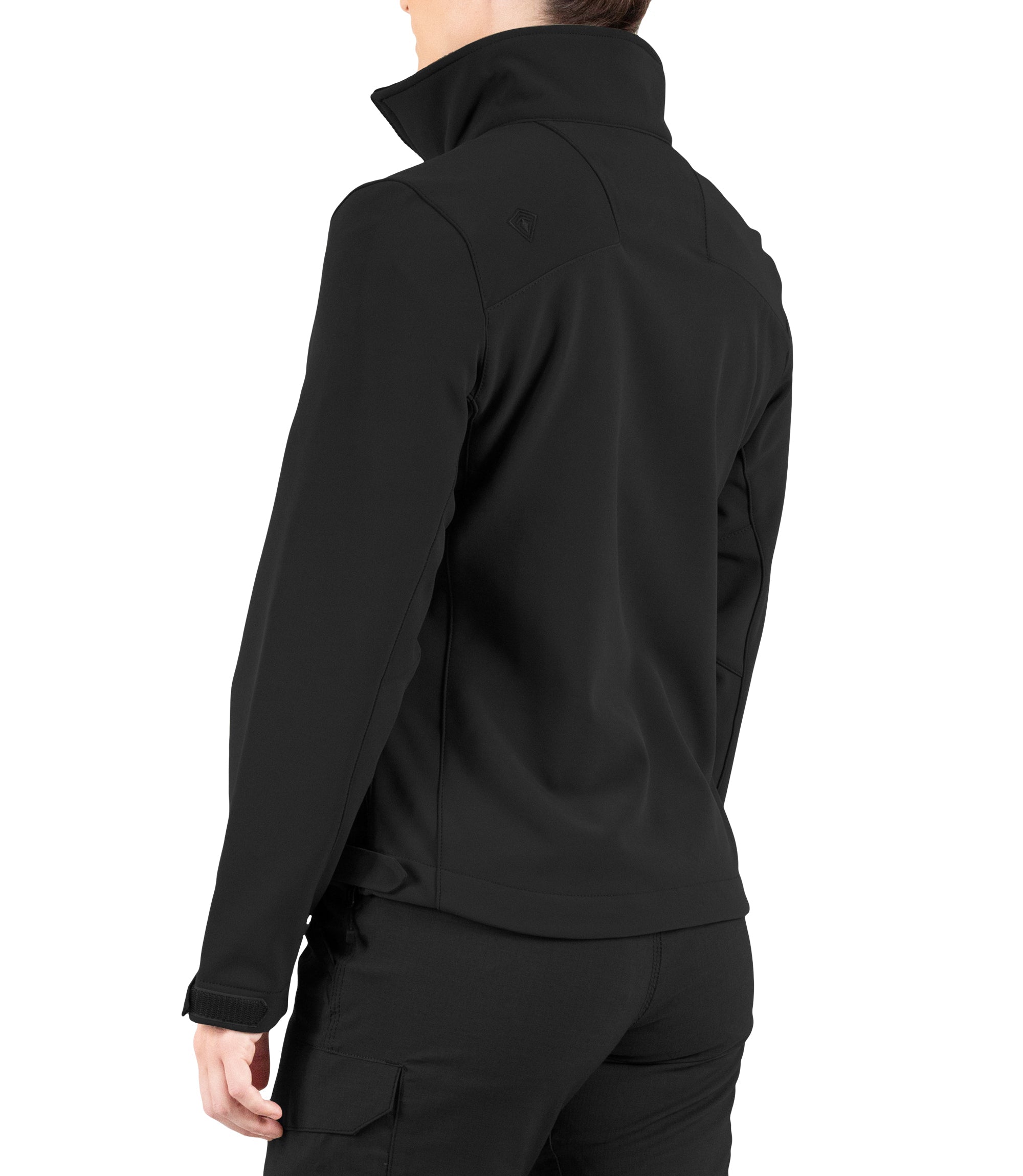 Left back side of Women’s Tactix Softshell Jacket in Black|color_black