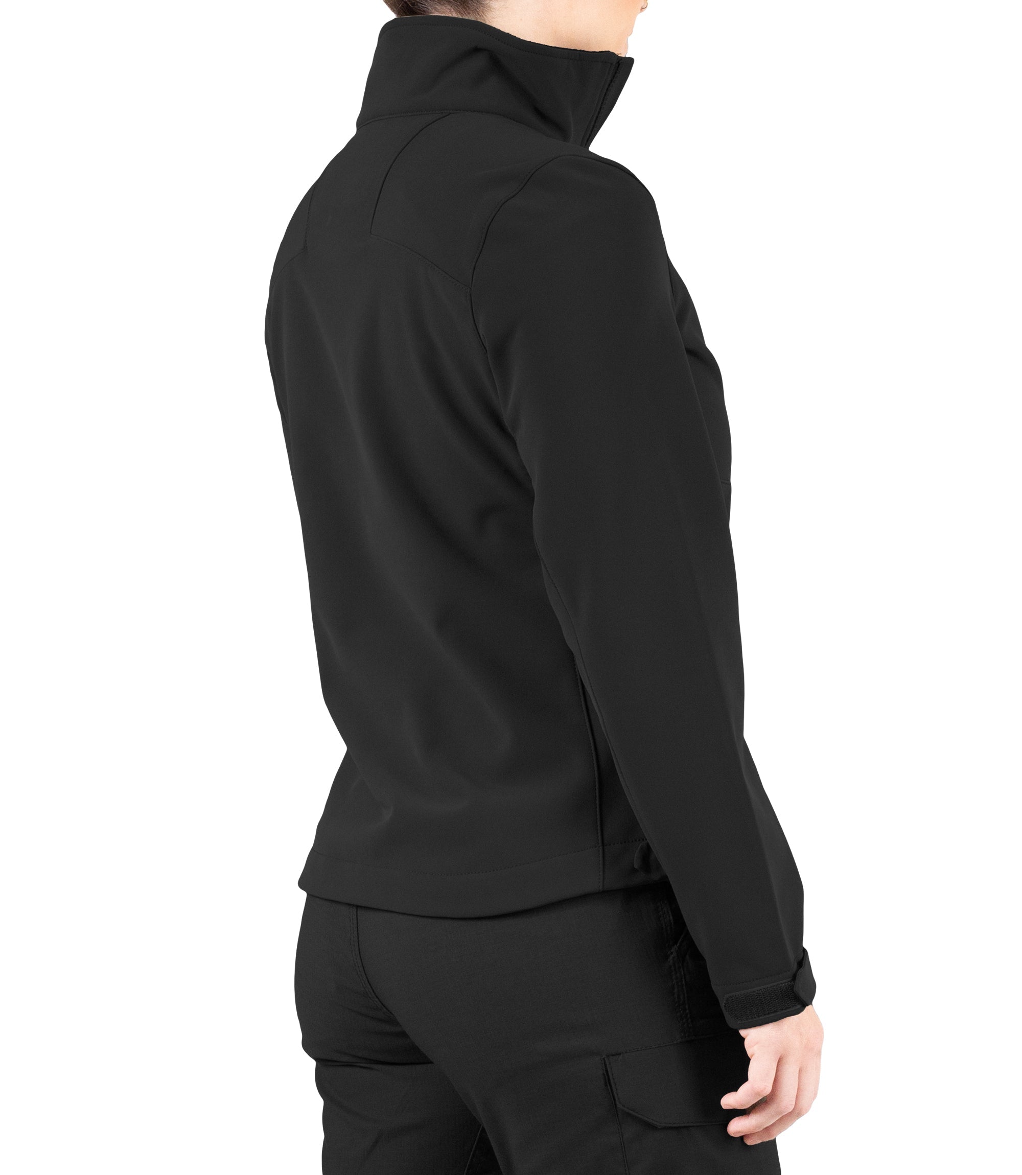 Right back side view of Women’s Tactix Softshell Jacket in Black|color_black