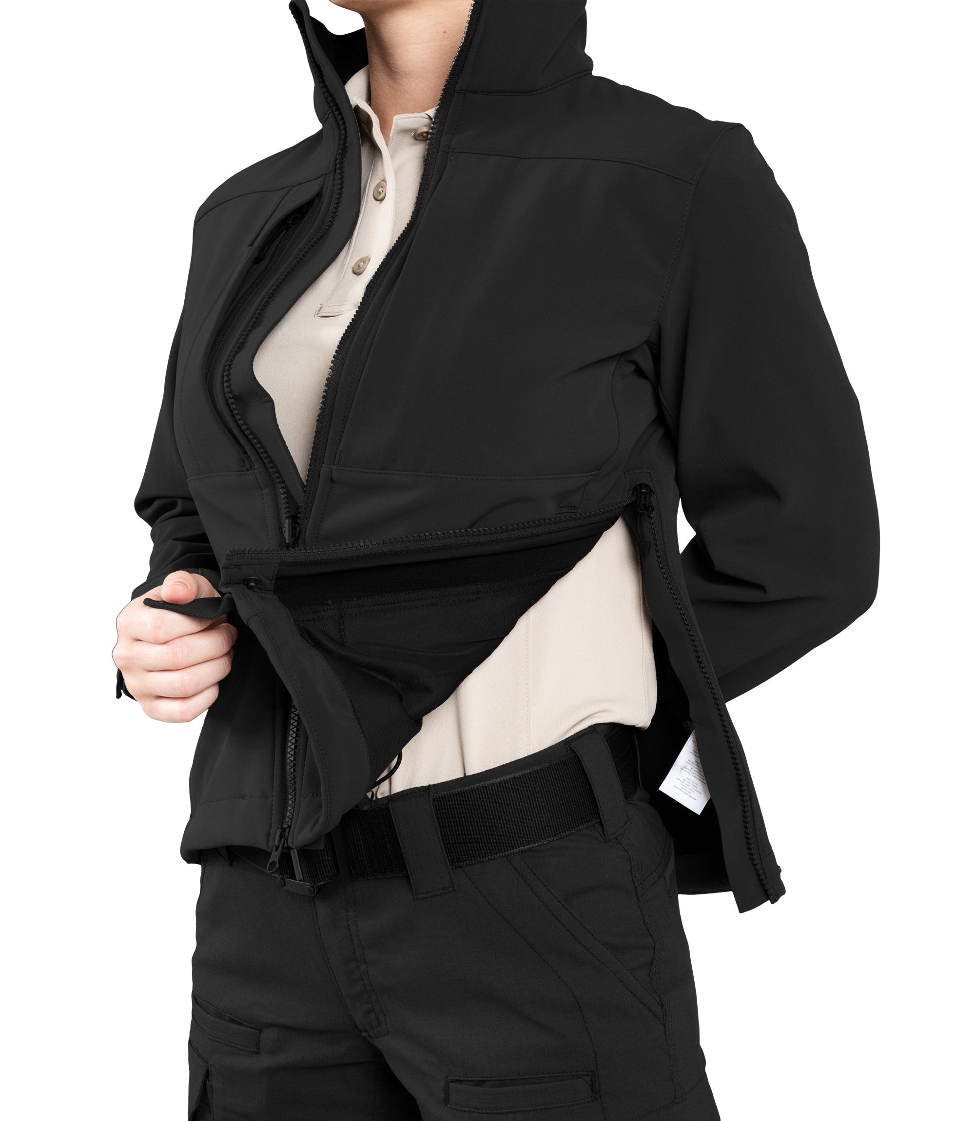 Side Zip of Women’s Tactix Softshell Jacket in Black|color_black